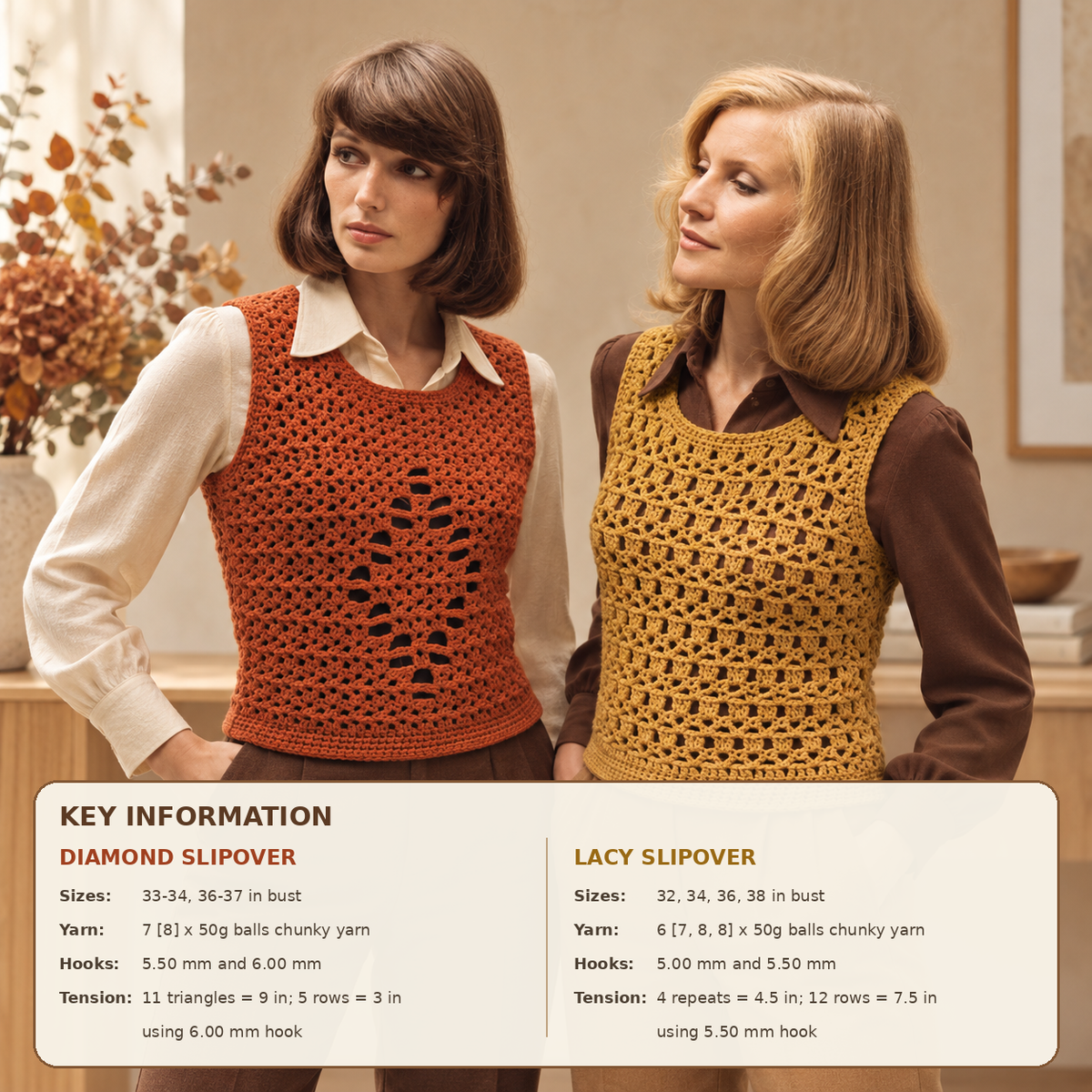 Womens Lacy Crochet Waistcoat Round Neck style32" -38" In double double or chunky Crochet pattern
