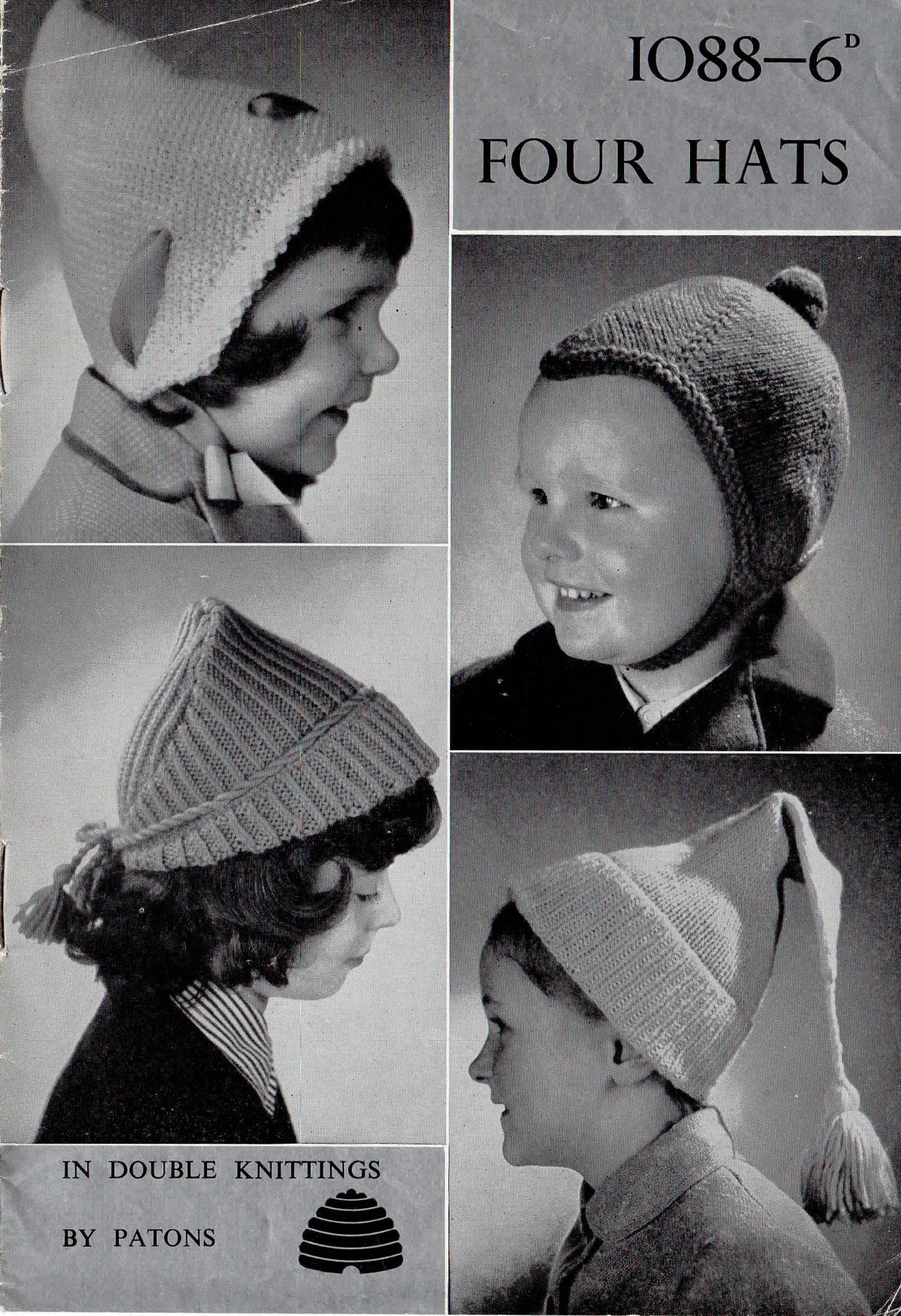 Vintage Patons 1088 Knitting Pattern – 4 Children’s Hats in DK – PDF