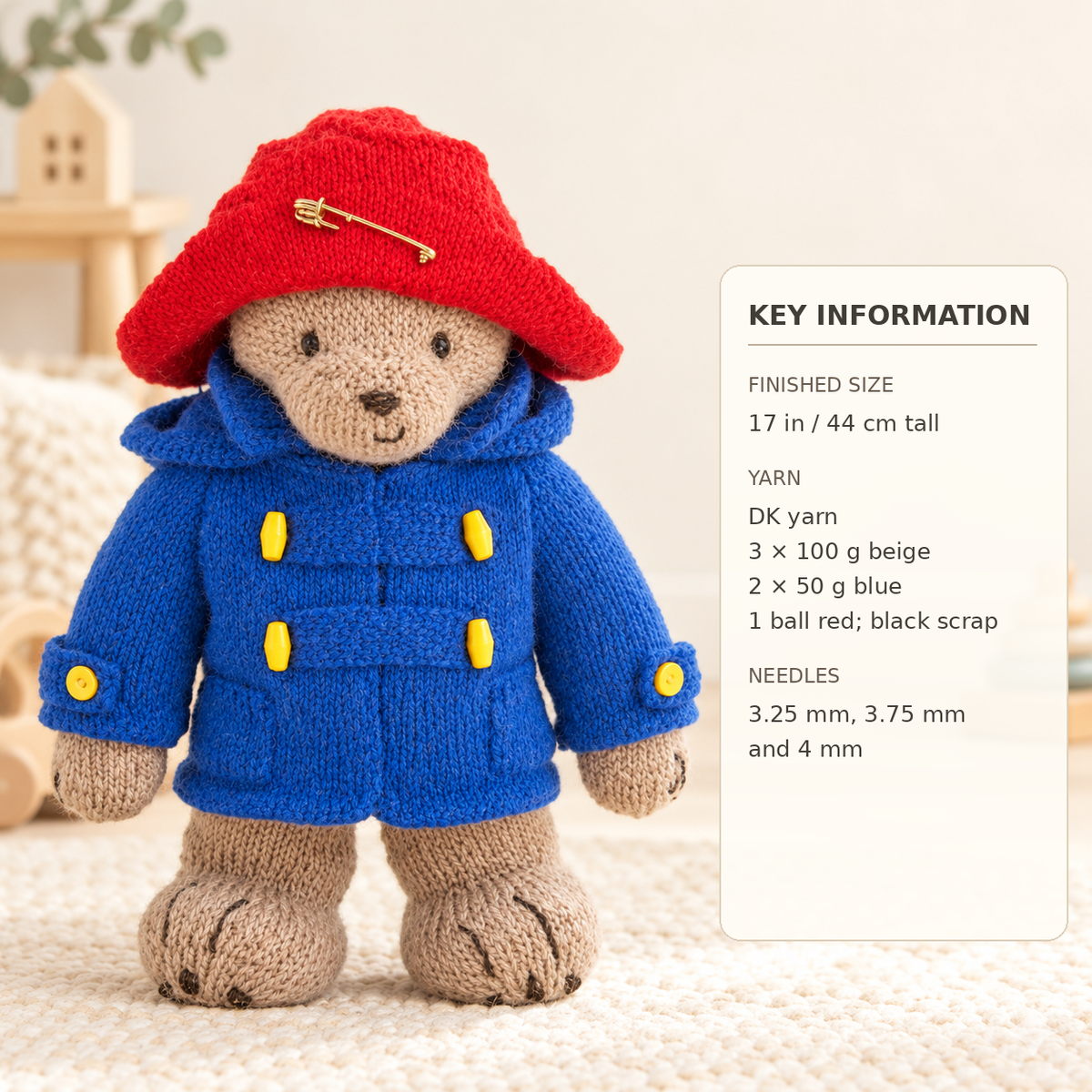 Vintage Knitting Pattern Paddington Bear Soft Toy Hat Duffle Coat Large 17ins tall Retro Teddy Cartoon  Gift