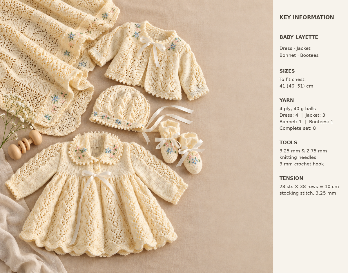 Baby Layette- Dress- Jacket- Bonnet- Shawl - Bootees- Christening set in Fingering- 4 ply- Download Knitting  Pattern-Birth- 12 Months PDF