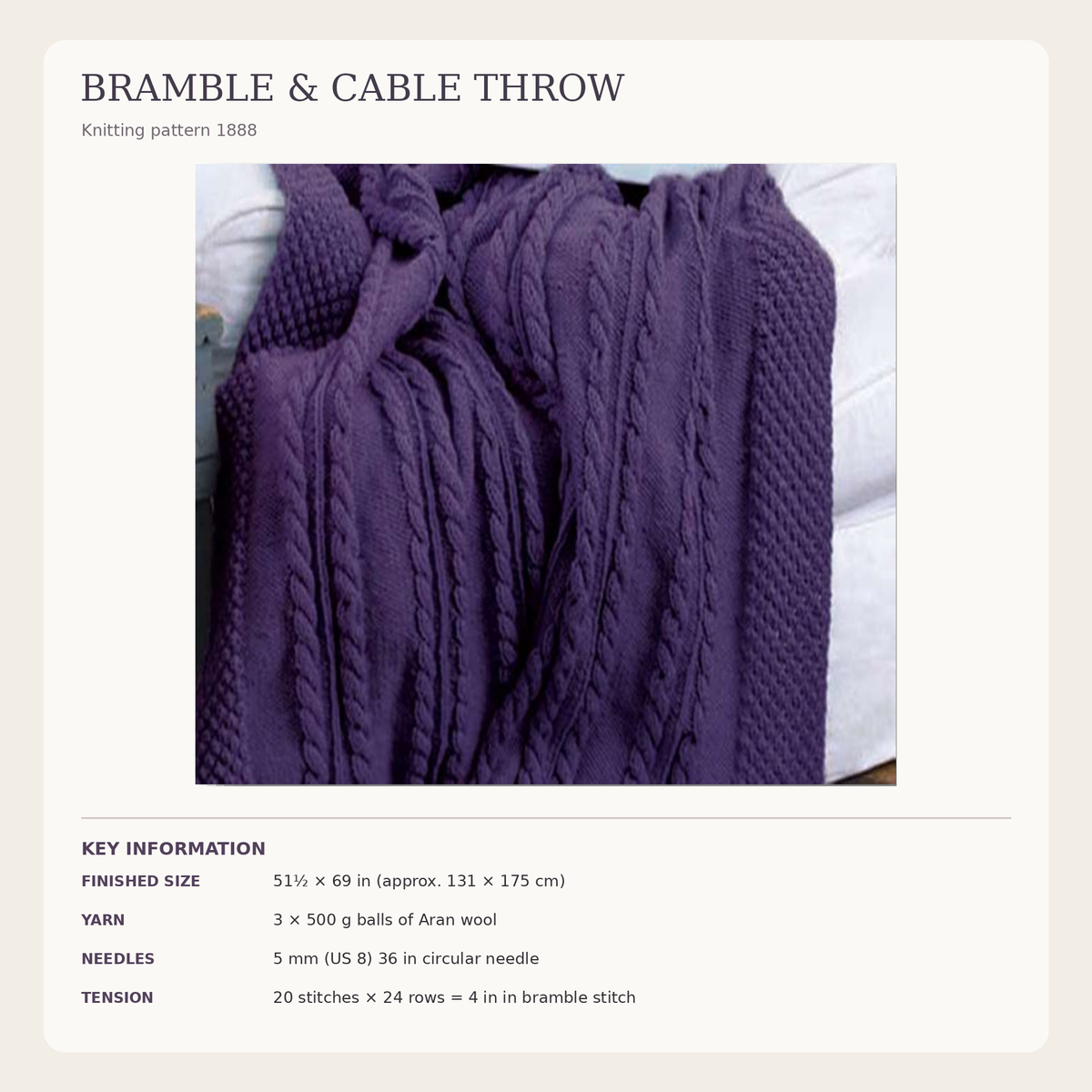 Bramble stitch & Cable throw Afghan Blanket in Aran 10 Ply Worsted wool, measures 51 x 69 " Knitting Pattern Download PDF