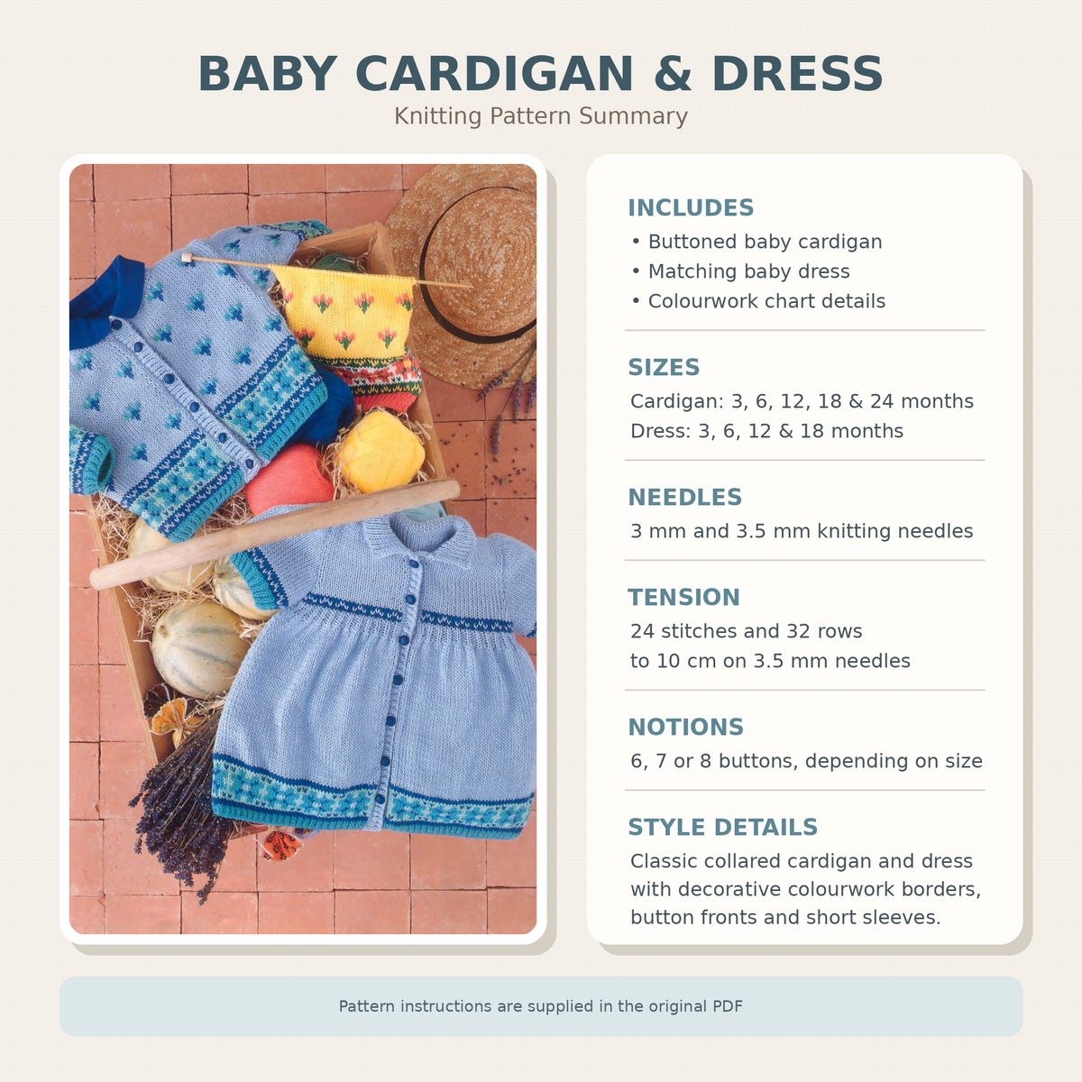 Baby Girls Dress and Cardigan Knitting Pattern (3-24 Months) – Colourwork DK PDF
