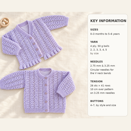 4ply-V neck & Round neck cardigan-frilly peplum border- 16-26" Download PDF Knitting Pattern