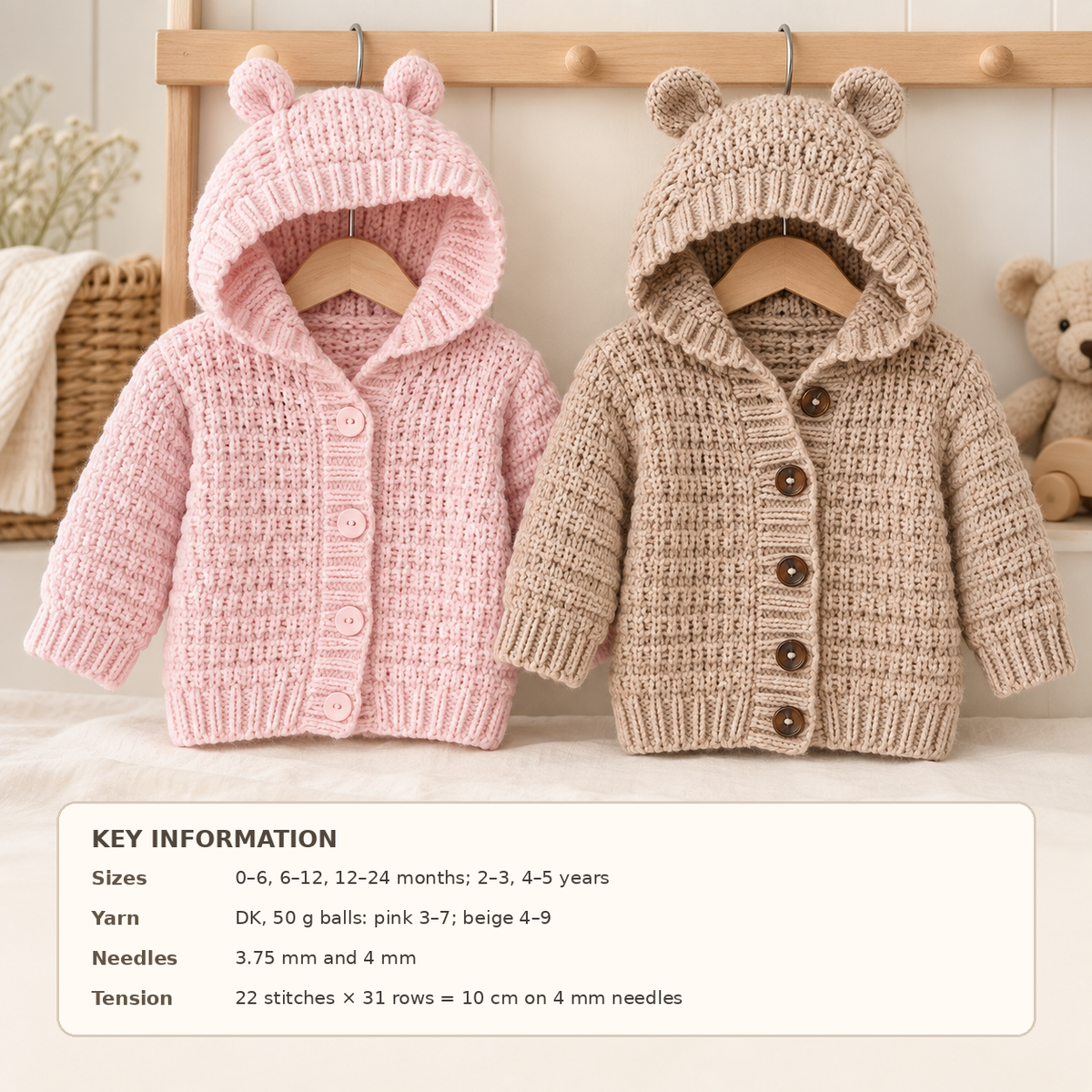 Baby Boy/ Girl Hooded Jacket/Cardigan/Hoody with Ears - DK ( 8 ply ) 16 - 24" Birth - 4 yrs Instant Download PDF Knitting Pattern