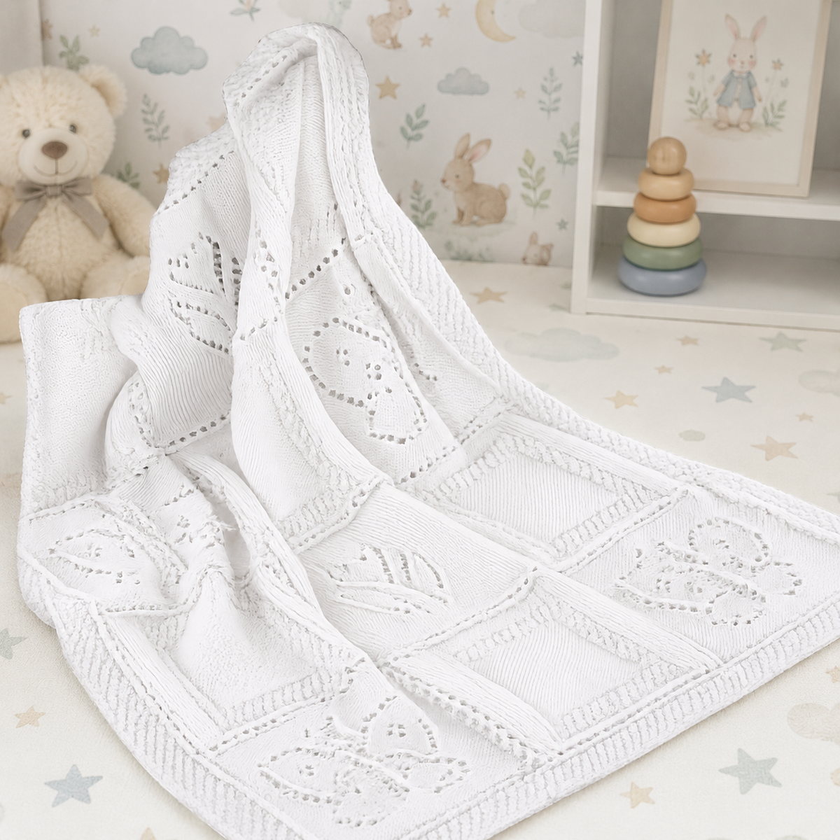 Baby butterfly and flowers blanket in DK- measures 70x84 cm 8 PLY lIght worsted. Knitting pattern download PDF