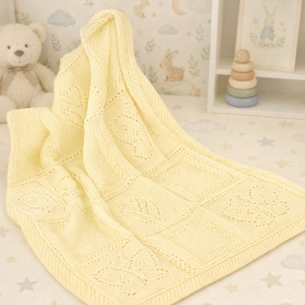 Baby butterfly and flowers blanket in DK- measures 70x84 cm 8 PLY lIght worsted. Knitting pattern download PDF