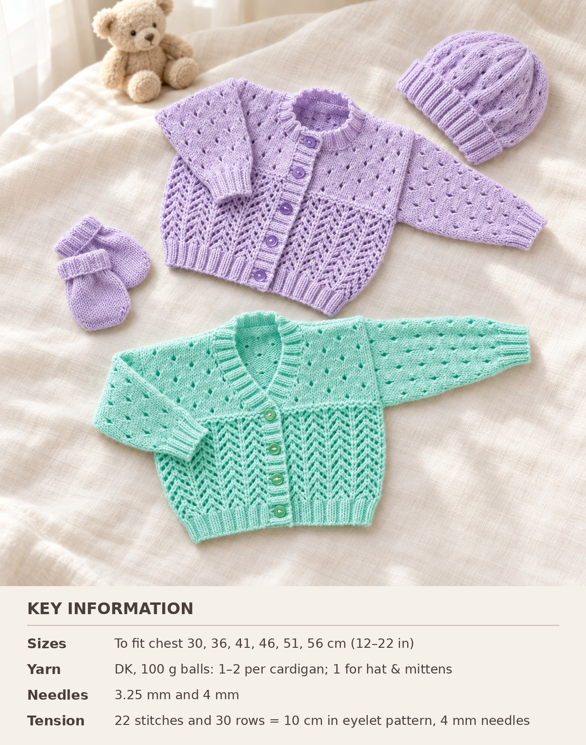 Baby Girls Boys Cardigans Round Neck V Neck Eyelet lacy & Hat Mitts Premature 12" - 22" DK 8 Ply Light Worsted Knitting Pattern PDF download