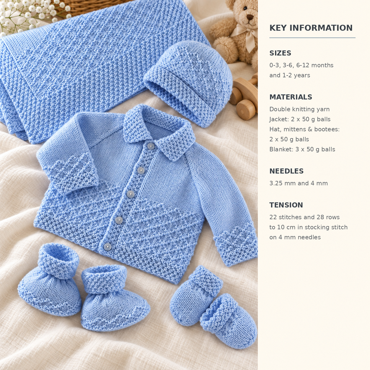 Baby Jacket Jacket Collar Mitts Hat & Boots Plus shawl  16" - 22" DK 8 Ply Light Worsted Knitting Pattern PDF download