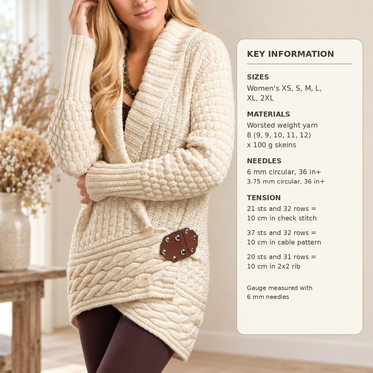 Vintage Aran Knit Cardigan Pattern, bold design Ladies Worsted Wool (PDF Download)