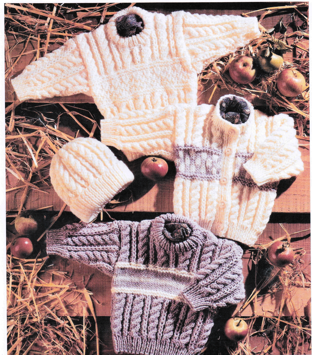 Aran Baby Child Sweater Cardigan Hat Knitting Pattern 16–30in