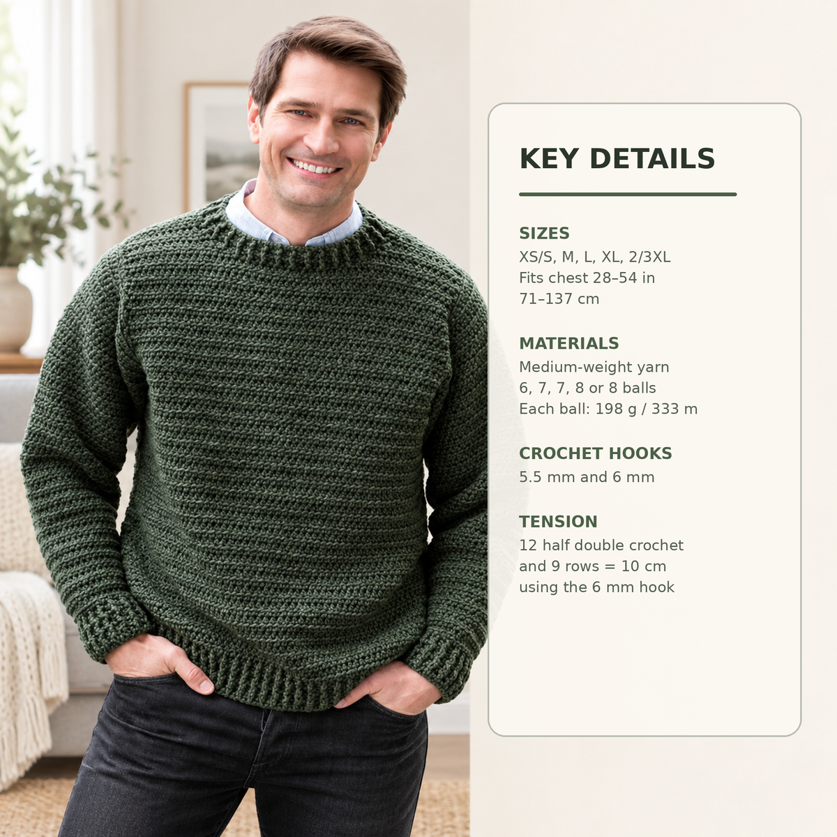 Man's  Crocheted Sweater Round Neck Size 28" -54" _ 10 Ply  Aran Worsted Yarn Pullover