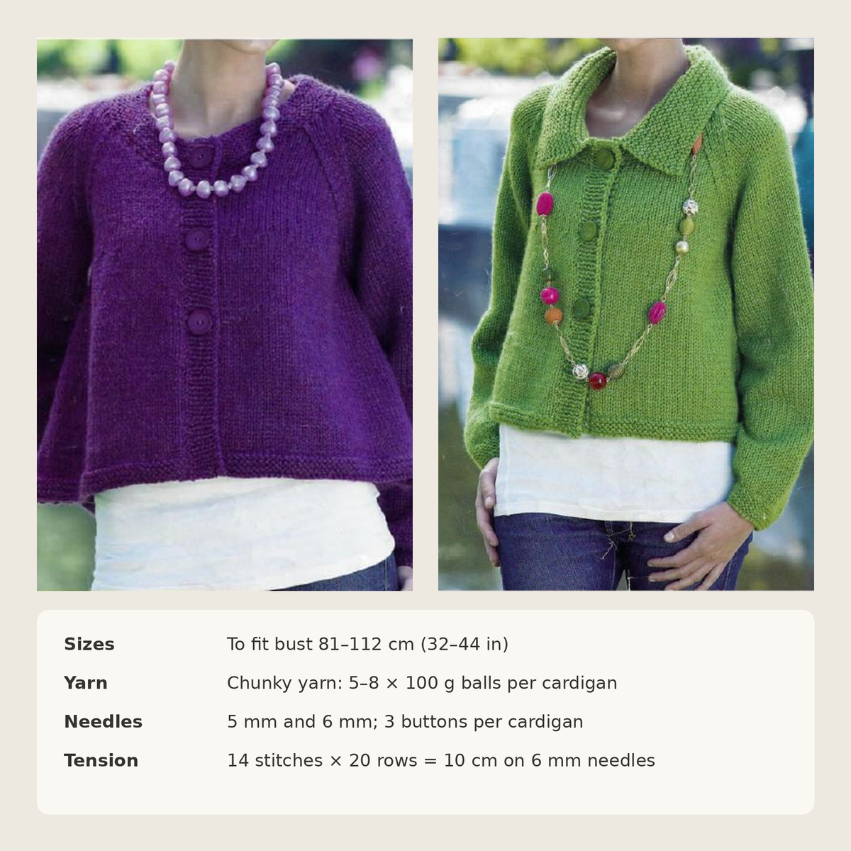 Woman's Ladies  Big Chunky Bulky, quick knit cardigans/Jackets- 32 - 44 Bust -Knitting Pattern-Download Chunky Bulky 12 ply wool