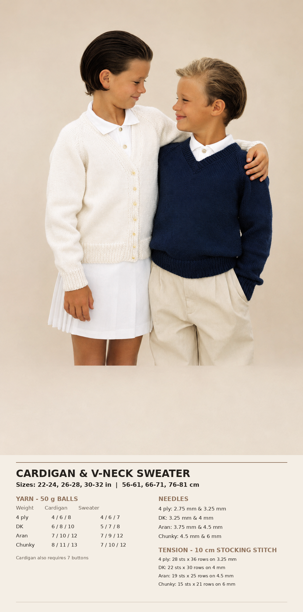 Boy- Girl Easy Classic Cardigan-V Neck Sweater- Jumper DK/8ply or 4ply-Aran or Chunky wool- Knitting Pattern, Childs, Instant Download PDF