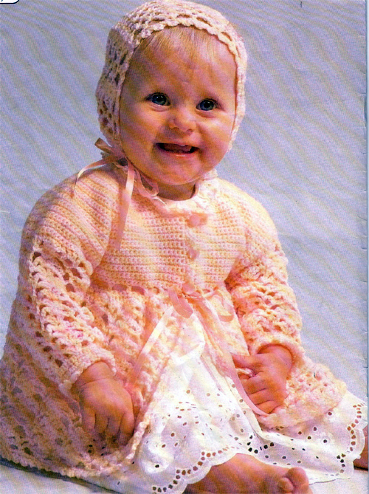 Baby crochet jacket and matching bonnet Chest sizes: 16, 18 and 20 inches (40, 45 and 50 cm)