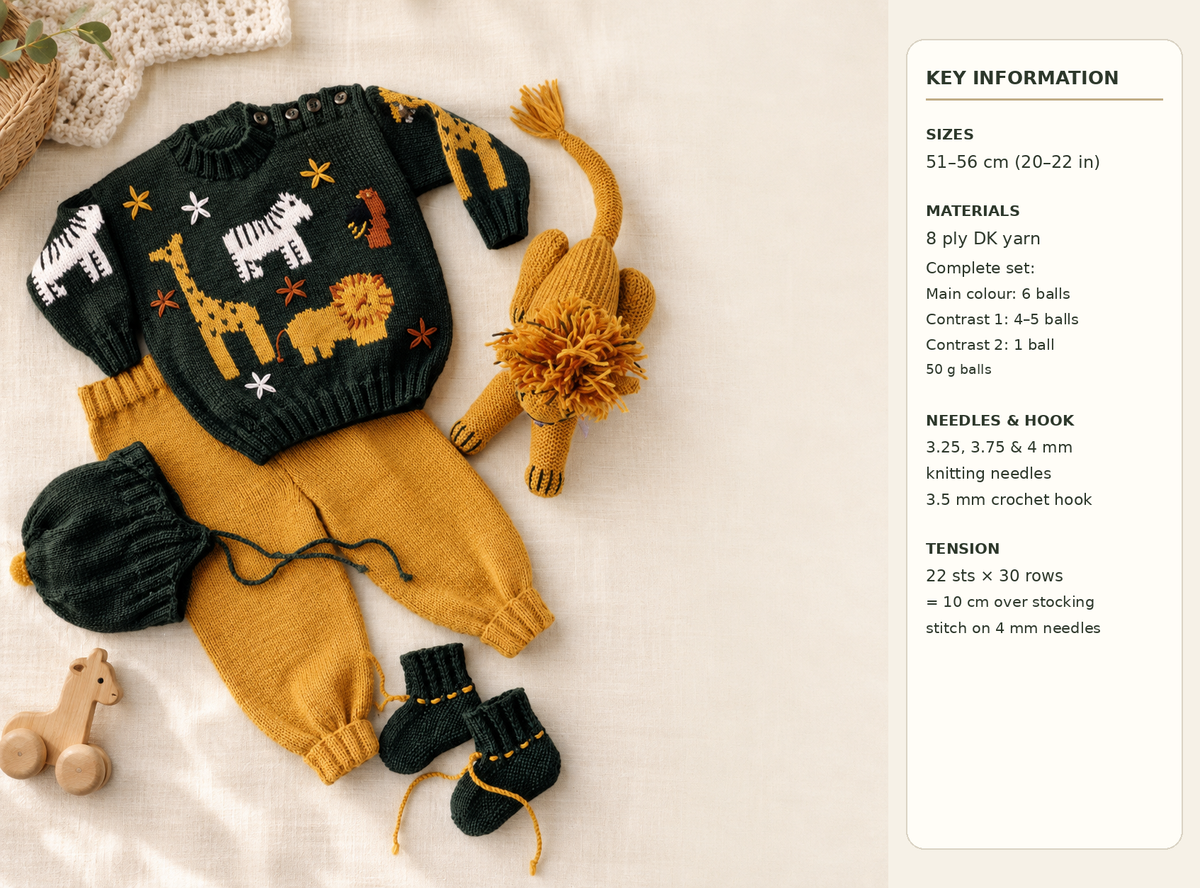 Toddler Jungle Animals Knitting Pattern – Giraffe, Lion, Zebra Sweater, Pants, Hat (PDF Download)