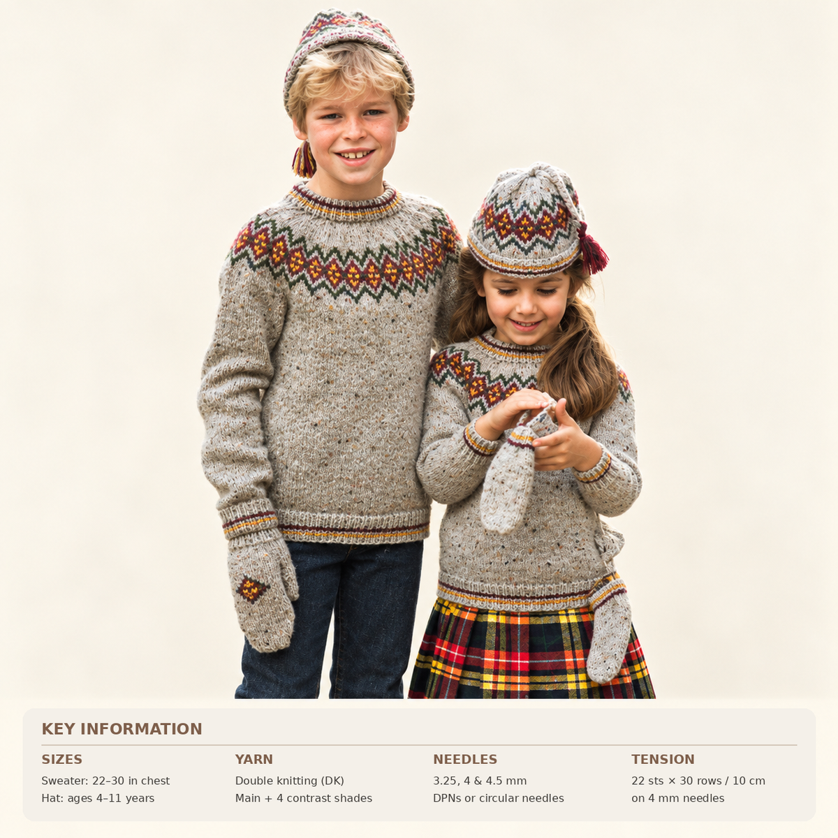 Children's Fair Isle set-  Yoked Icelandic style Jumper- Hat- Gloves - Knitting Pattern DK (8Ply), Children 22-28 chest
