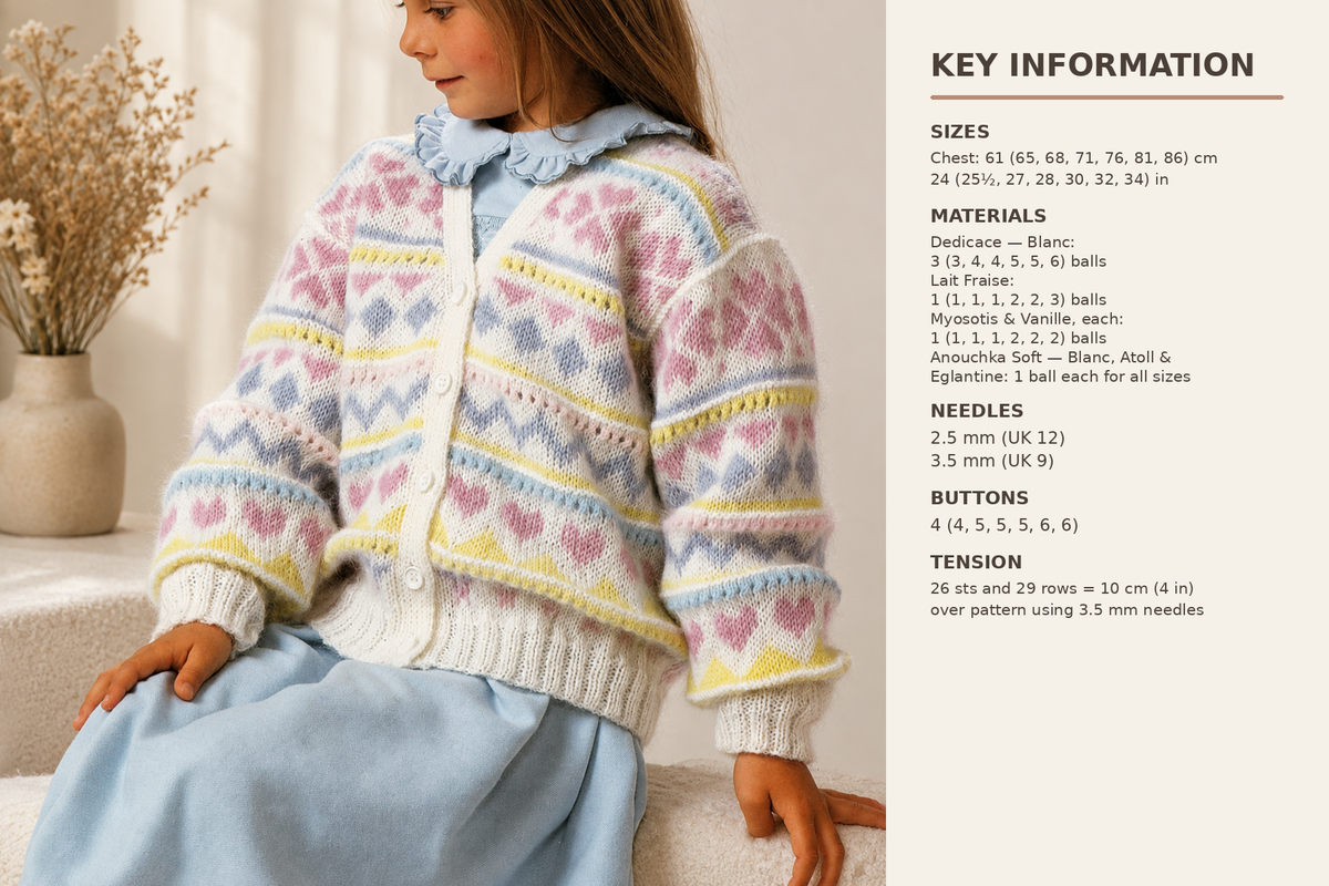 Girl's Cardigan- drop sleeves, hearts & diamond design - Knitting Pattern -DK/4ply 24-34" chest