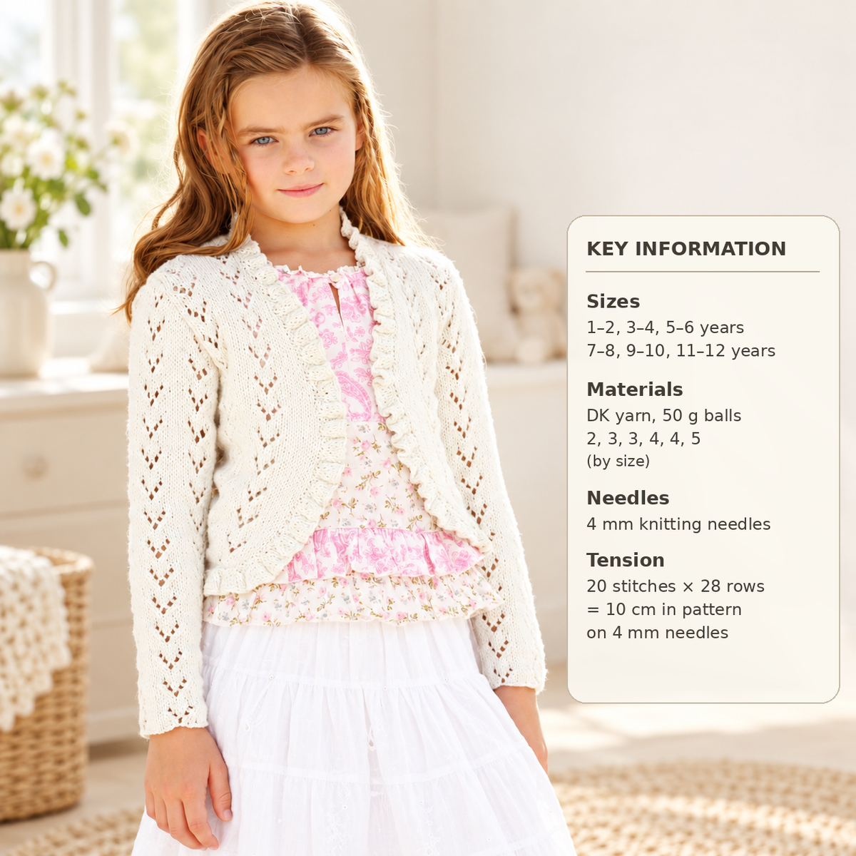 Girls Bolero Cardigan, filled edge eyelet pattern 22-32" ( 1 - 12 yrs)DK / Light worsted /8ply pdf Instant Download knitting pattern PDF