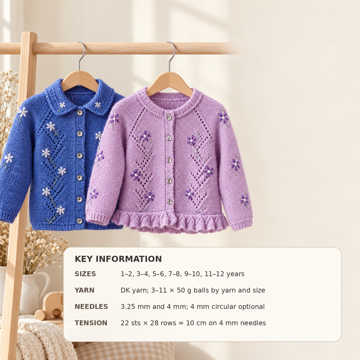 Girls Embroidered Flower Raglan Cardigan Knitting Pattern (PDF Download)