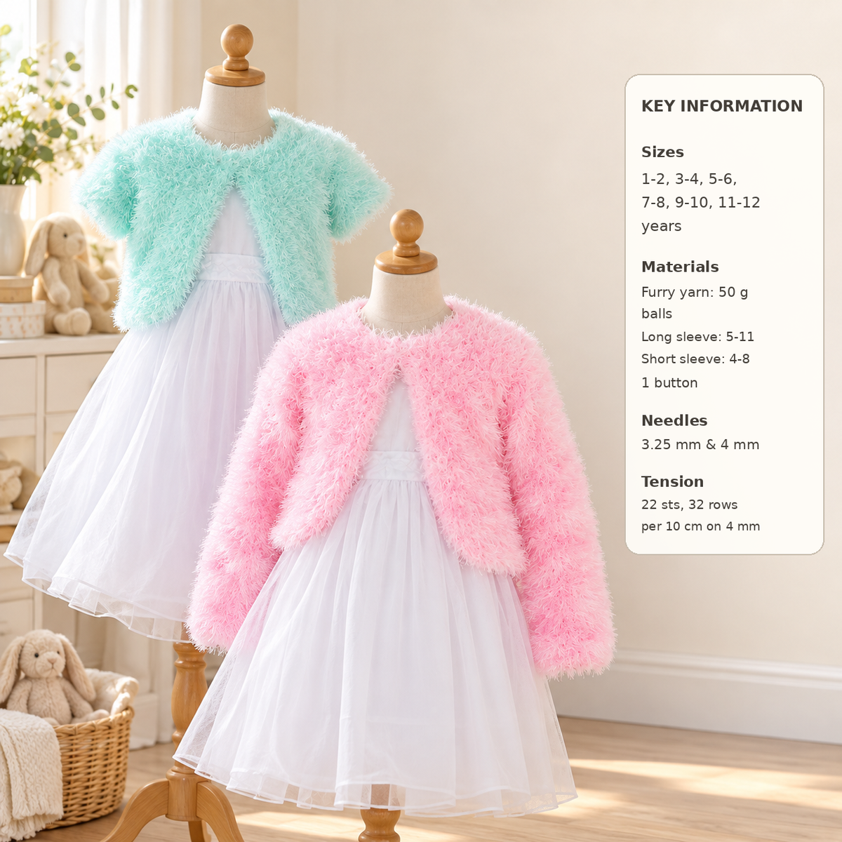 Easy Bolero Cardigan Knitting Pattern, Funky Fur Yarn, Kids Sizes (2-11 Yrs) (PDF Download)