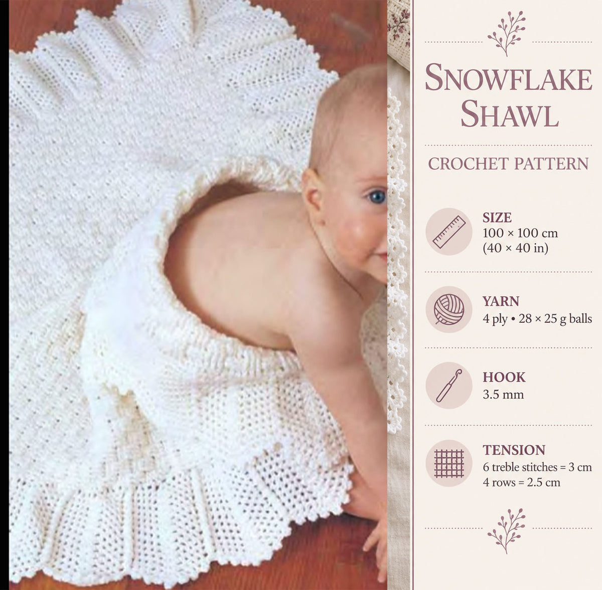 Square Crochet baby shawl, vintage design,  scalloped border 4ply Fingering sport  wool  Crochet pattern Download PDF