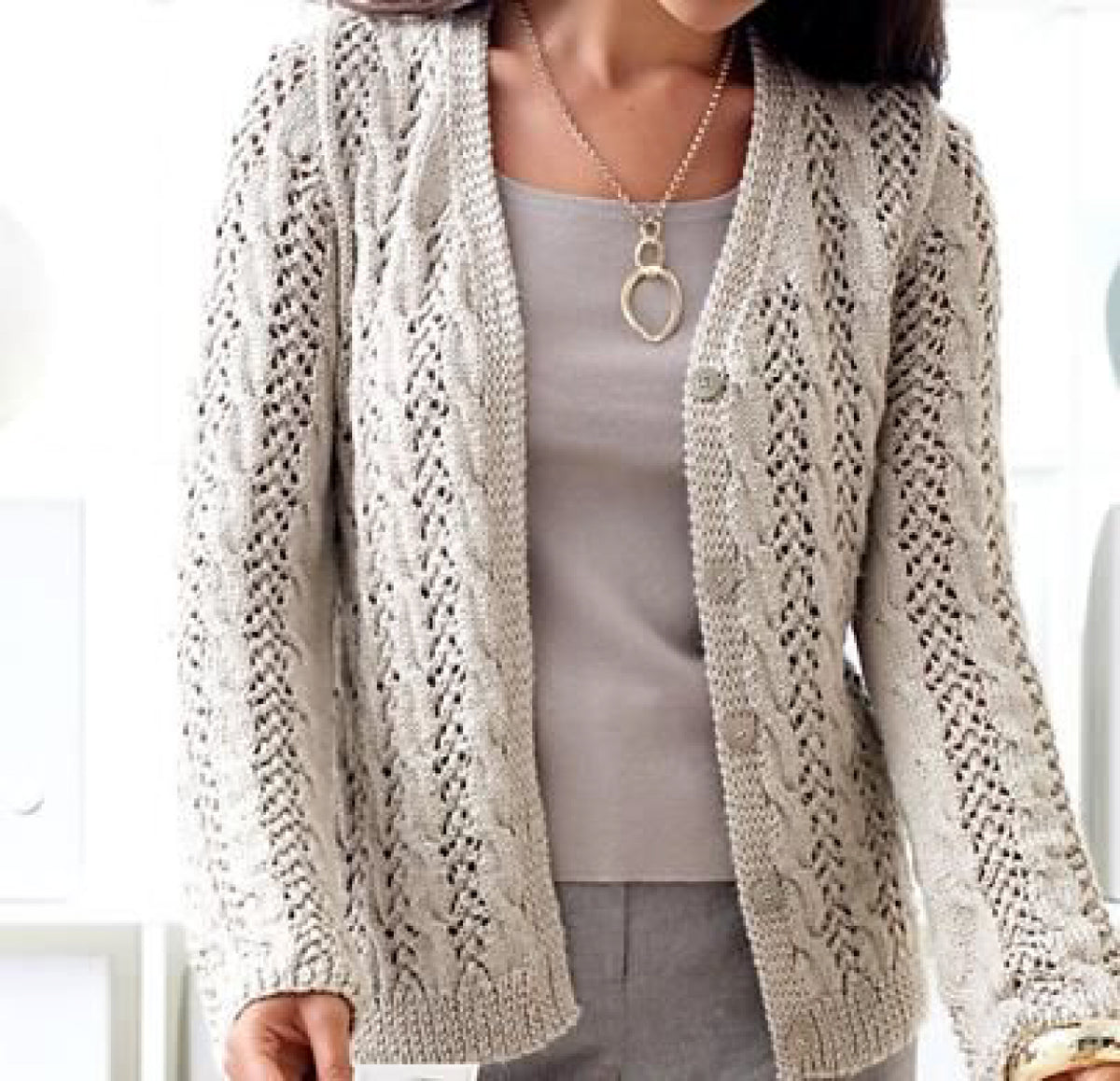Womens Cable Lace Cardigan Knitting Pattern DK V Neck 28–62 in PDF