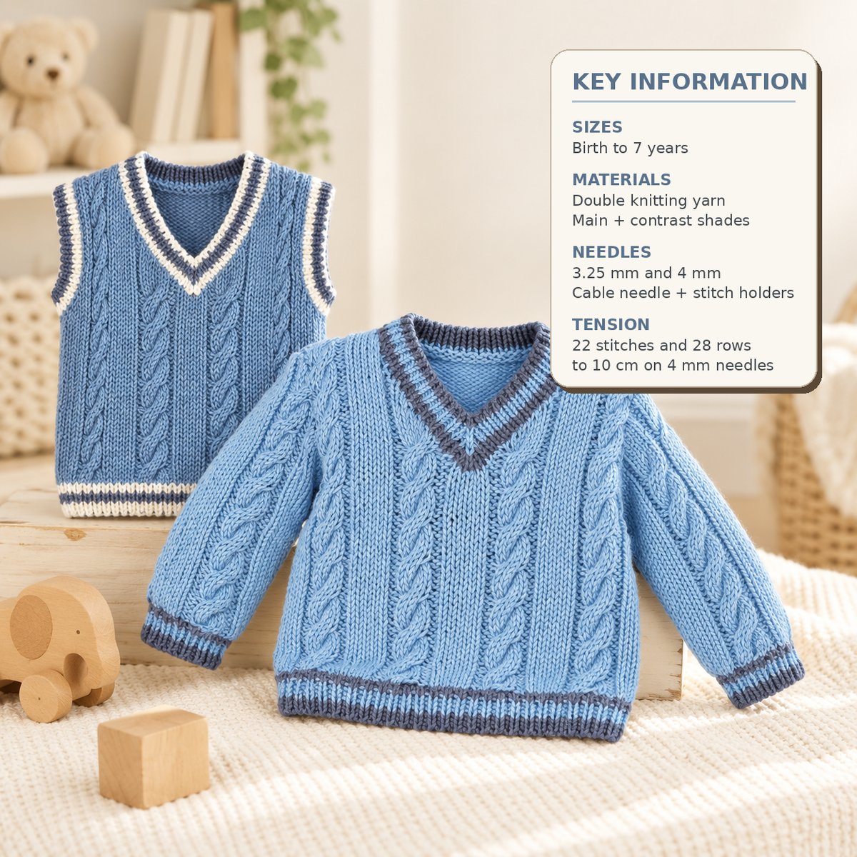 Boys V Neck Cricket style Cable Rib Jumper Sweater & slipover Tank top  Knitting pattern- DK (8ply) Chest  16-26" (0-7 years)