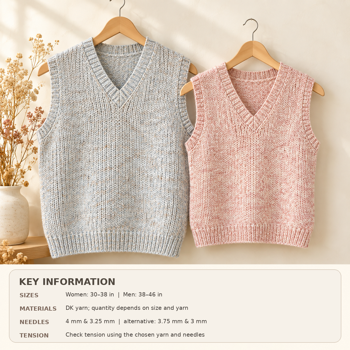 Mens Womens Fishermans Rib V Neck Slipover Vest Sleeveless Pullover 30" - 46" DK 8 Ply light worsted Knitting Pattern