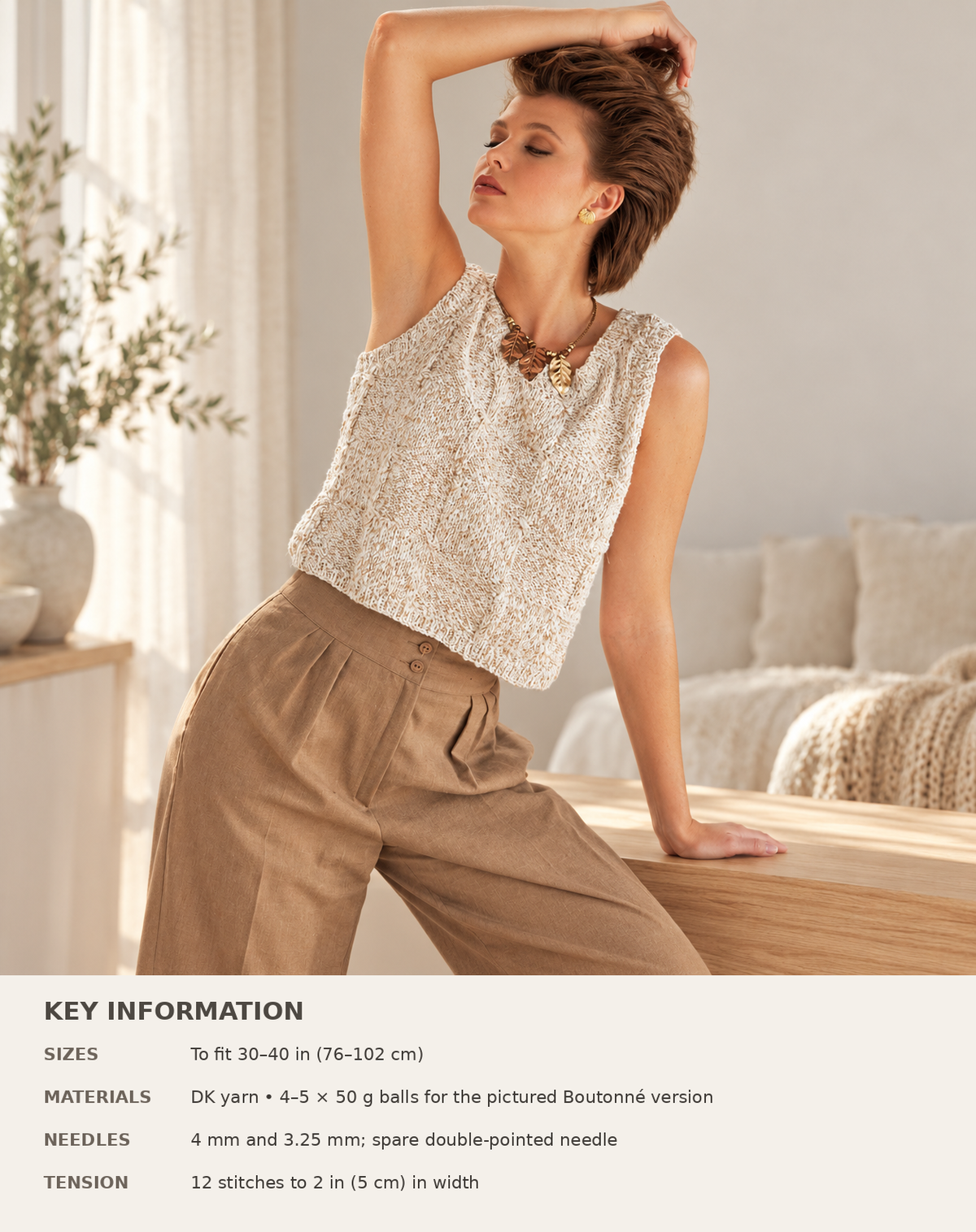Easy Beginner Womens Round Neck Top Sleeveless Sweater  Vest Slipover 30"-40" in DK 8ply Light worsted Wool Knitting Pattern