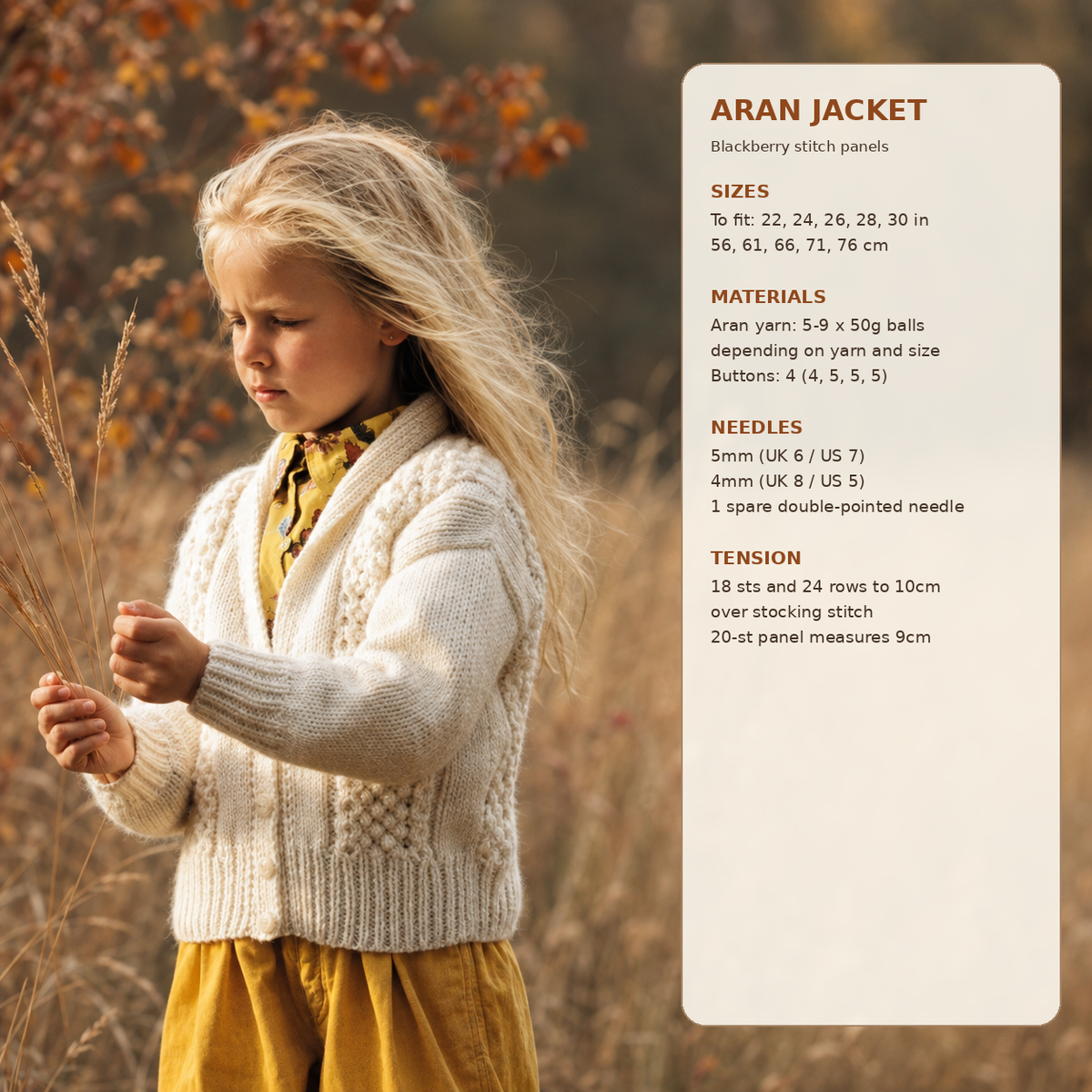 Girl's Aran Cardigan-Shawl collar -bobbles cables & Drop sleeves -Aran 10 Ply worsted wool-  22" - 30"Chest- Knitting Pattern Download PDF