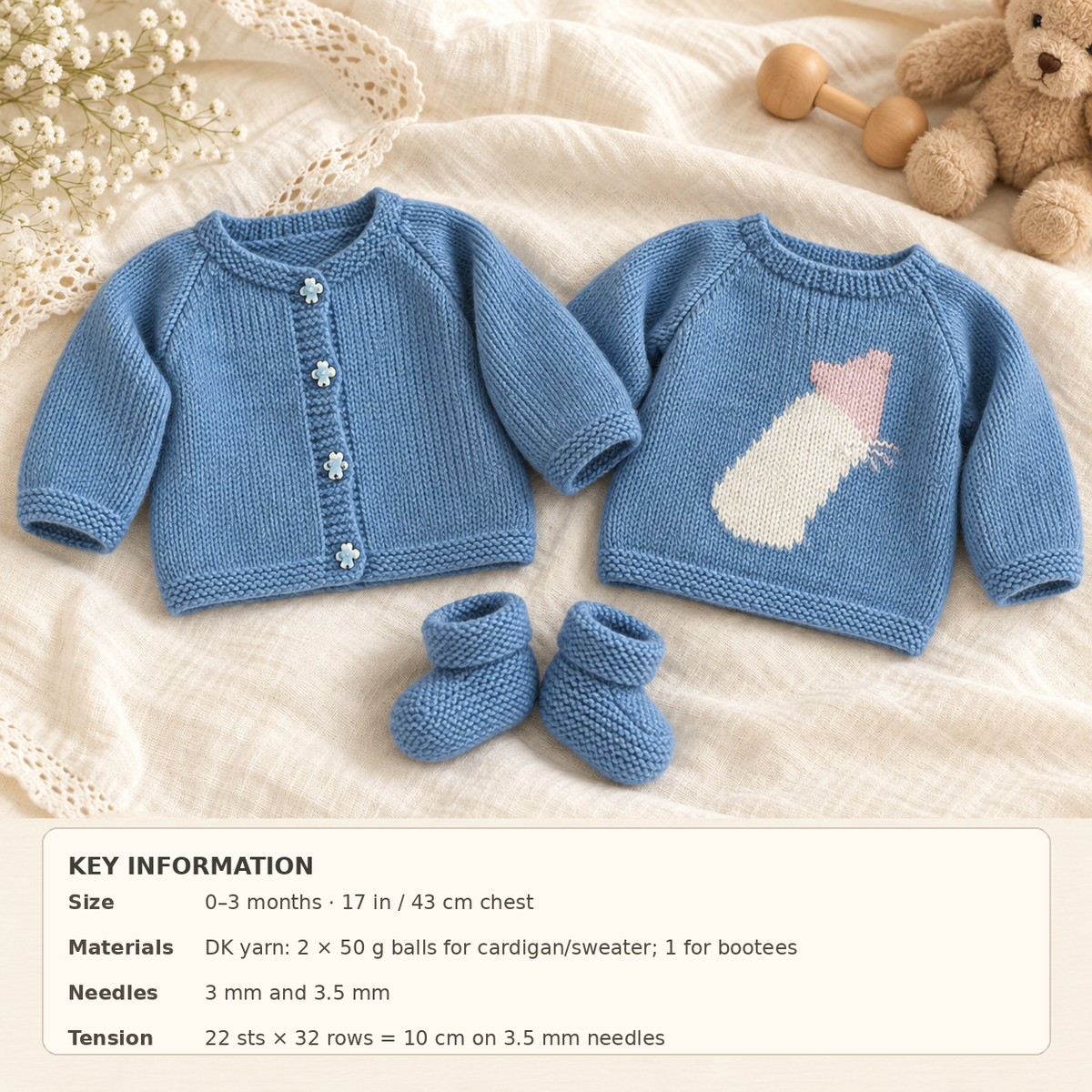 Easy Knit Baby Cardigan Sweater & Bootees Newborn Boys Girls Motif 17"~ DK 8 Ply Light Worsted Knitting Pattern pdf download
