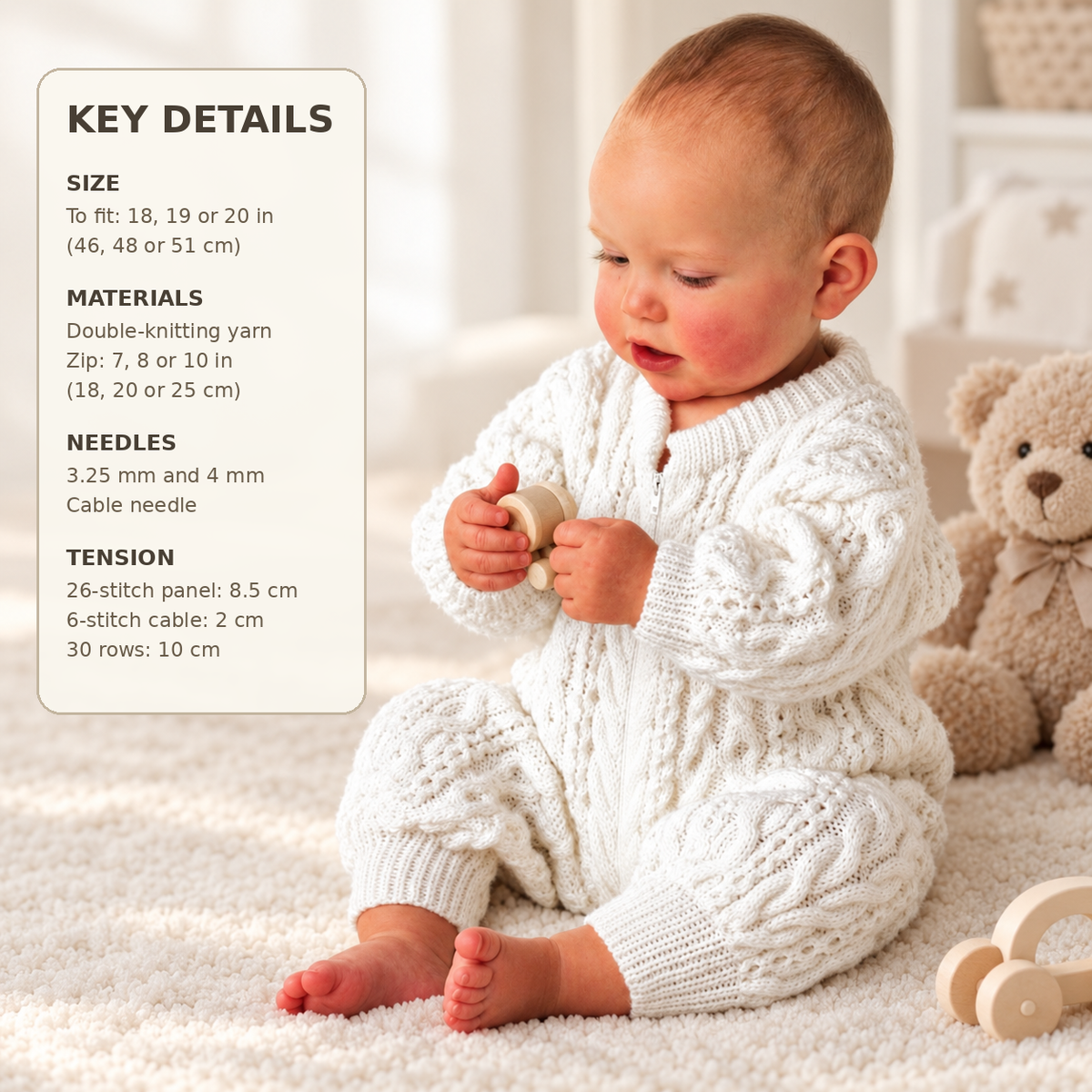 Popular baby All in one Cable Sleepsuit- Baby Grow- Playsuit Romper-  DK ( 8PLY ) Fits from 18" - 20" chest - Knitting pattern  Download PDF