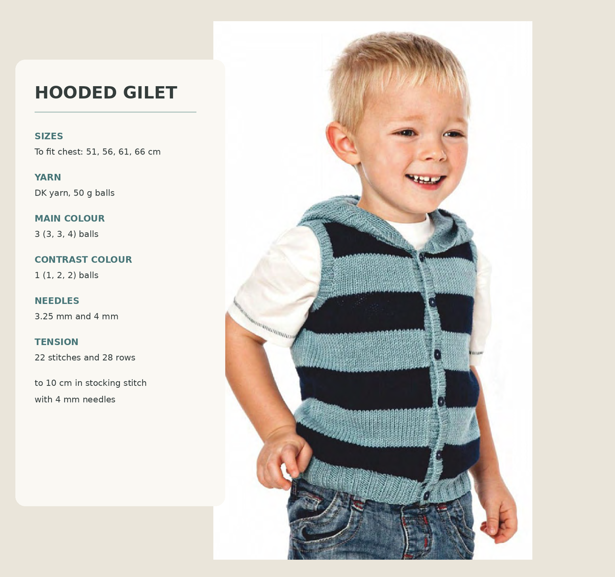 Boys easy Knit stripe Hooded Gilet, sleeveless cardigan in DK -8Ply yarn- Knitting Pattern pdf Digital Download Fits- 2 yrs- 7 years