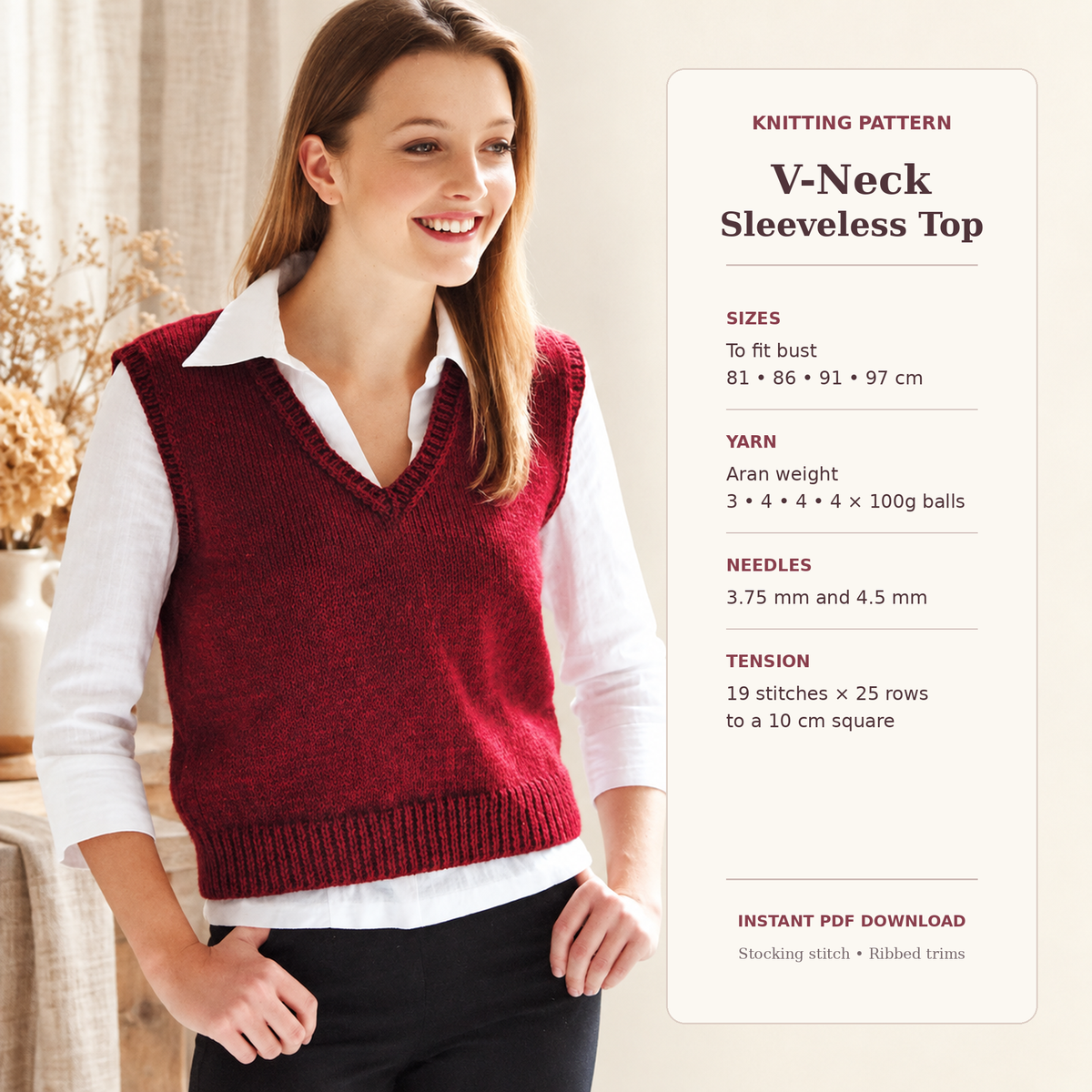 Womens Easy Beginner V Neck sleeveless  Slipover Sweater Vest  32"-38" Aran 10 Ply Worsted Wool Knitting Pattern PDF download