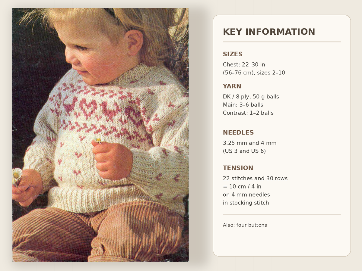 Baby round neck hearts sweater Button Back - DK 8 Ply Light worsted wool-  Fits Chest 22" - 20", Knitting pattern download PDF