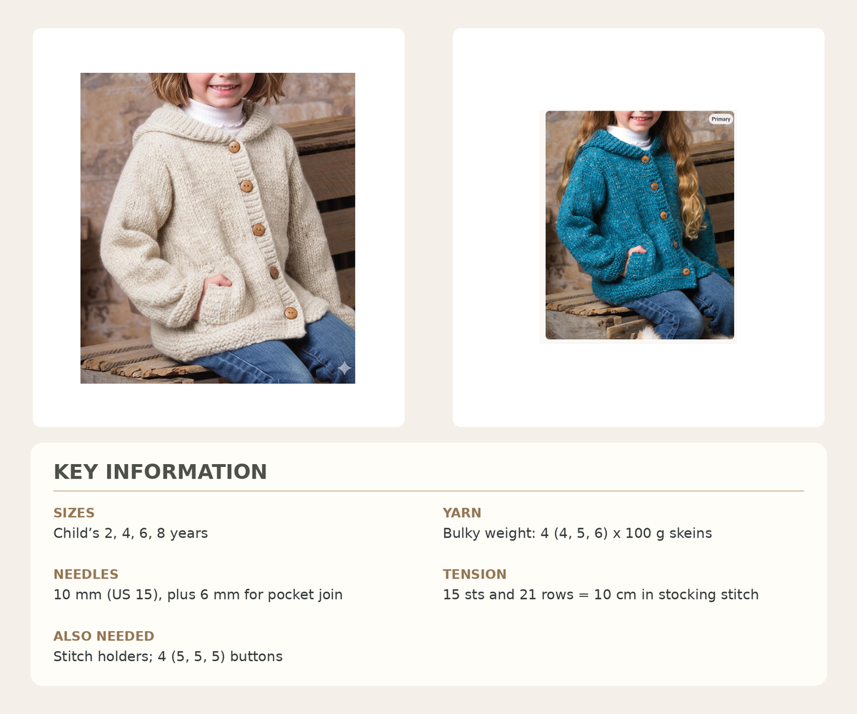 Children's Oversize Hooded Cardigan-Jacket Knitting Pattern with pocket- Chunky Bulky 12 ply yarn-fits chest 26-33" (2-8) years PDF download