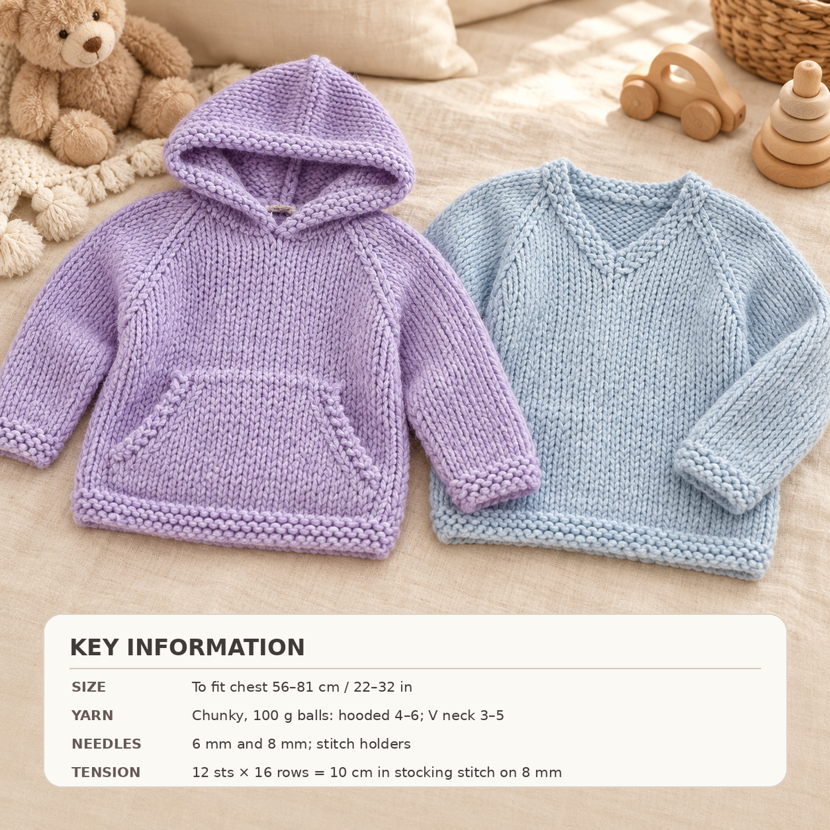 Children's Oversize Hooded Sweater Knitting Pattern: Easy V-Neck Jumper With Pocket (PDF Download)