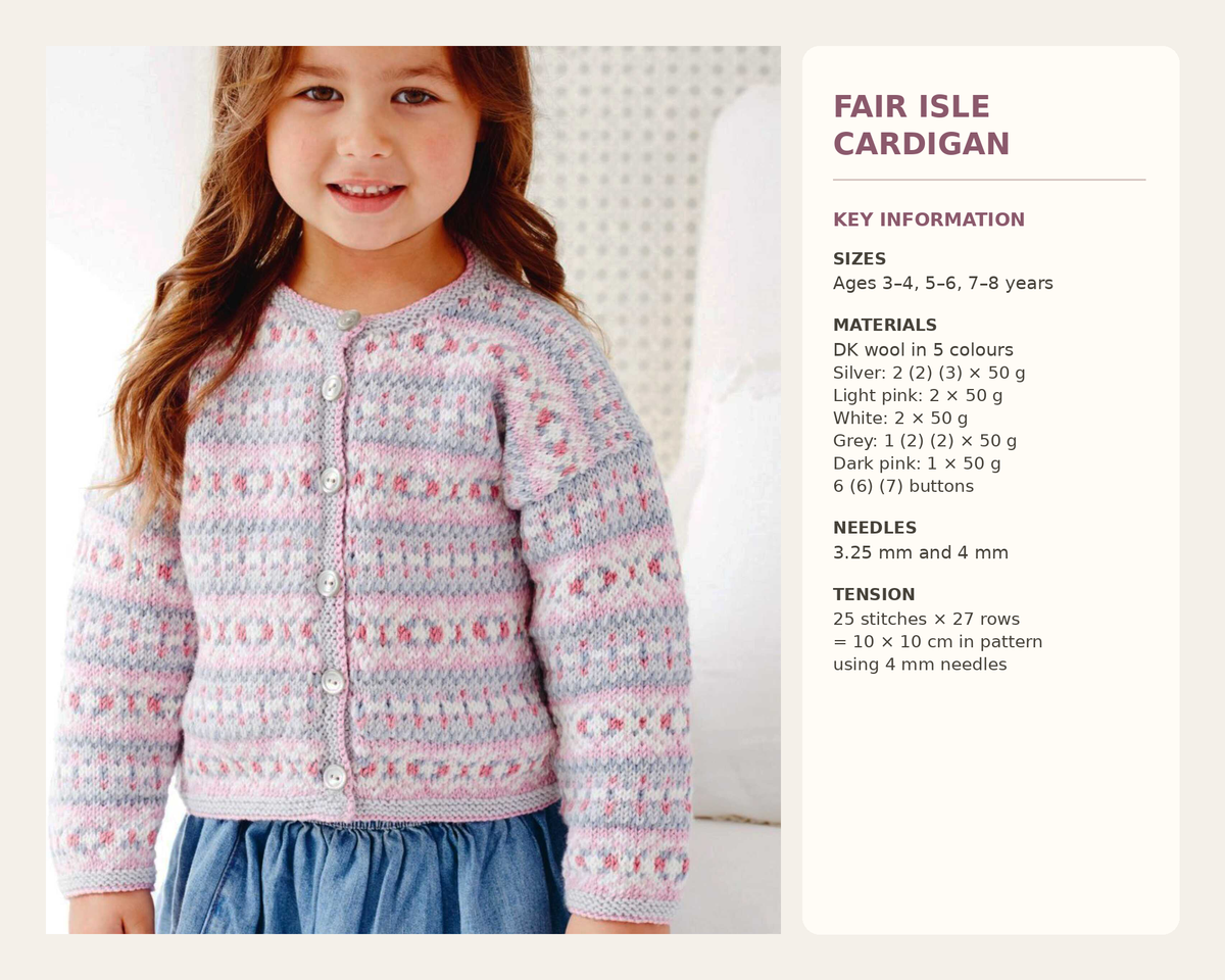 Vintage Girls Fair Isle Cardigan Knitting Pattern, Hat Size 3-8 (PDF Download)