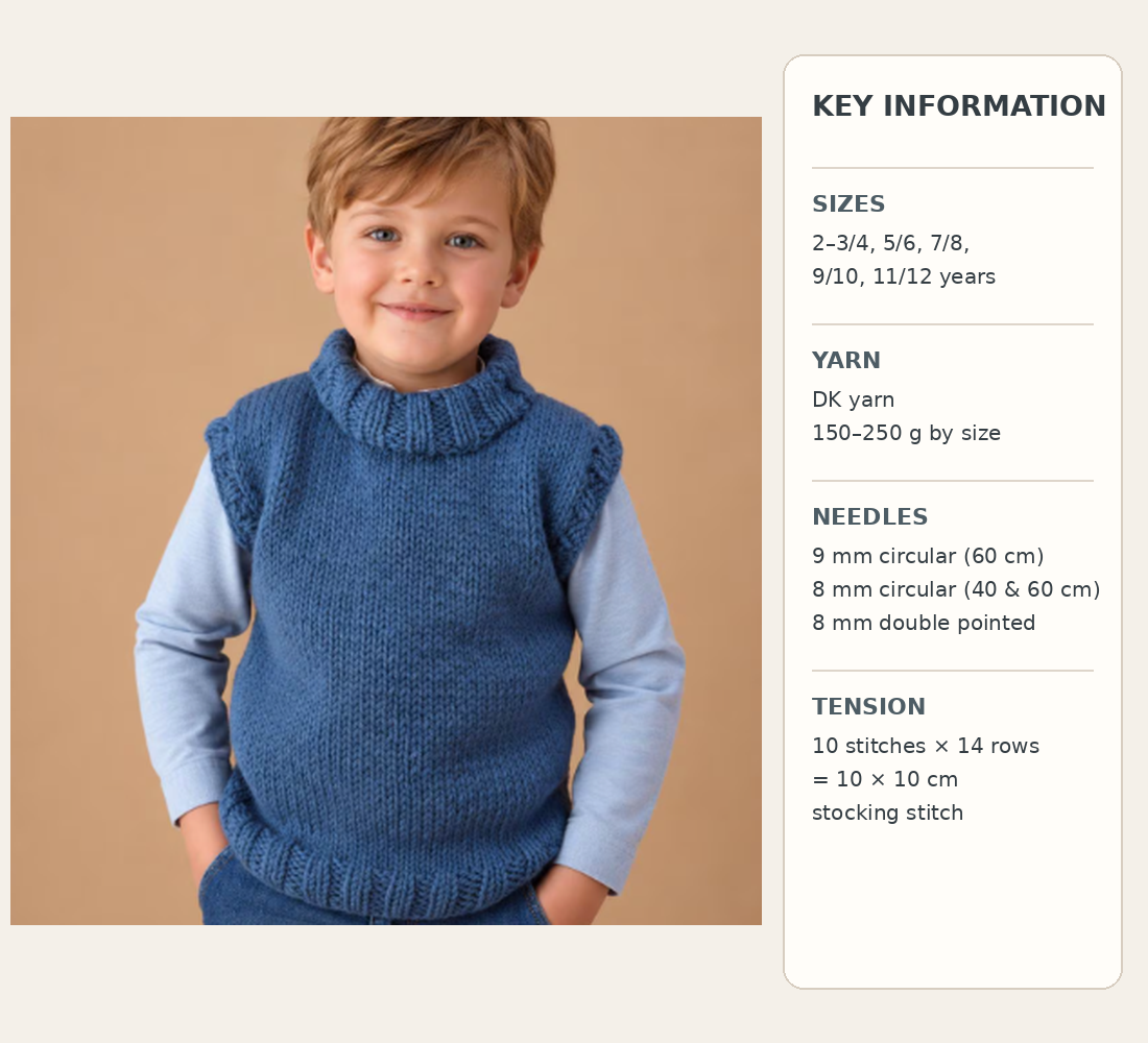 Children's Tank Top Knitting Pattern PDF Download | Plain Slipover Vest | Ages 2-12 Years | DK 8 Ply Yarn | Easy Knit