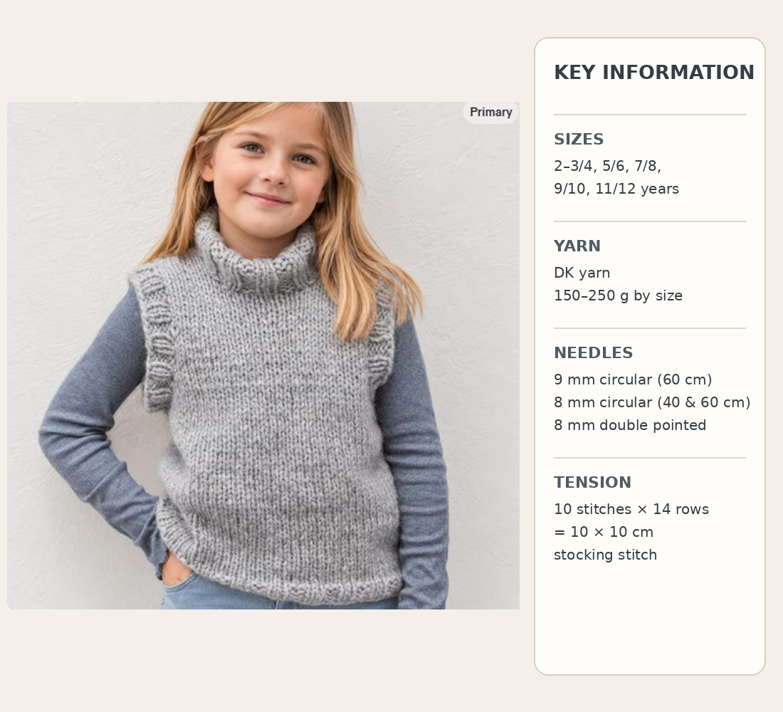 Children's Tank Top Knitting Pattern PDF Download | Plain Slipover Vest | Ages 2-12 Years | DK 8 Ply Yarn | Easy Knit