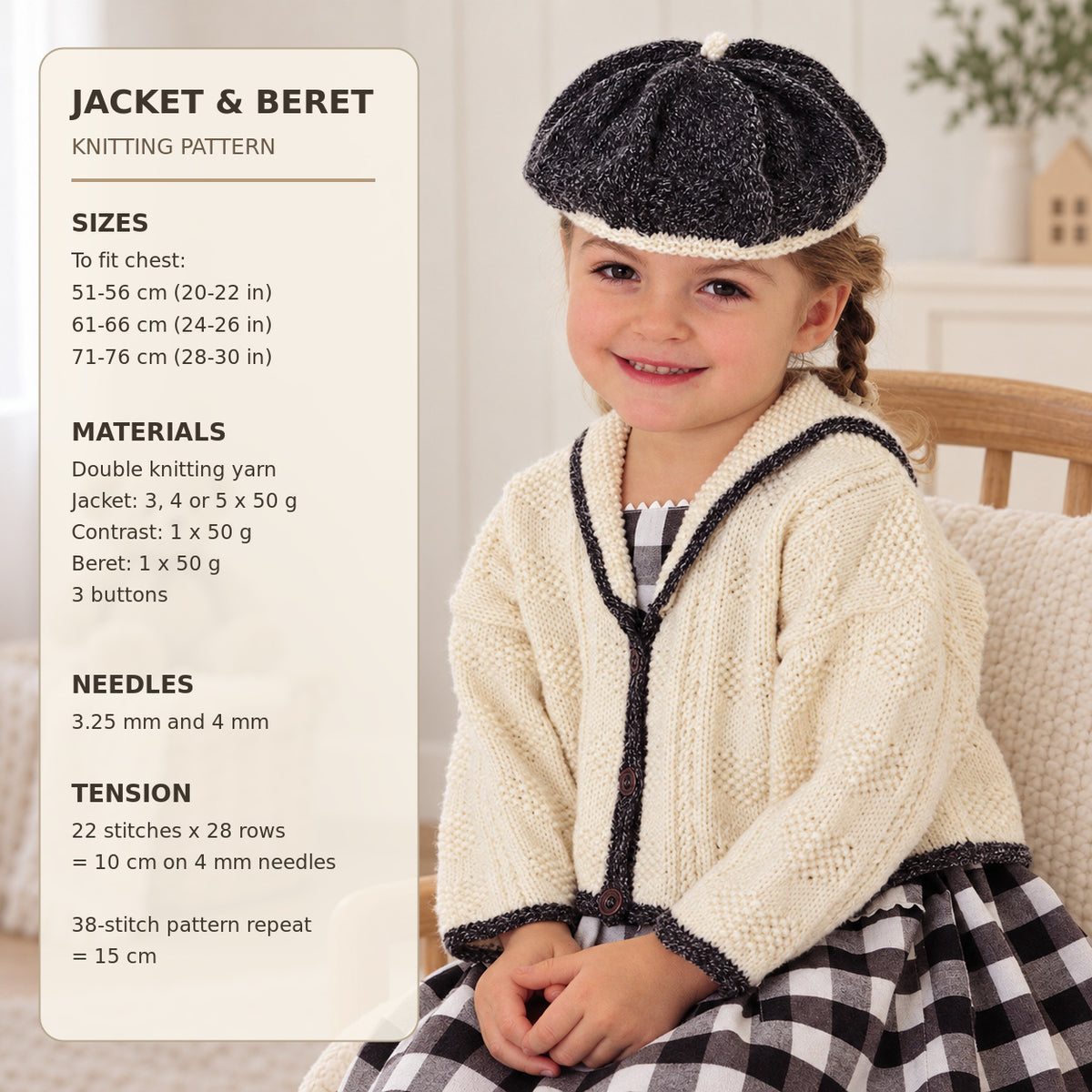 Girl's Textured Sailor Collar Cardigan-Jacket  & beret Knitting Pattern -fits chest 20-30" (6m-10)  DK (8 PLY) PDF download