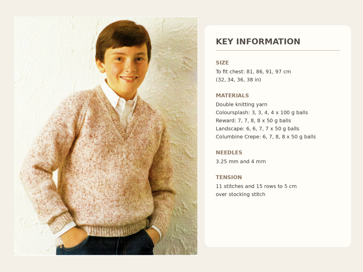 Boys Classic Raglan Sweater V Neck Jumper Traditional Easy Knit Knitting Pattern DK 8Ply Light Worsted Yarn PDF Download Fits 32"-38" Chest