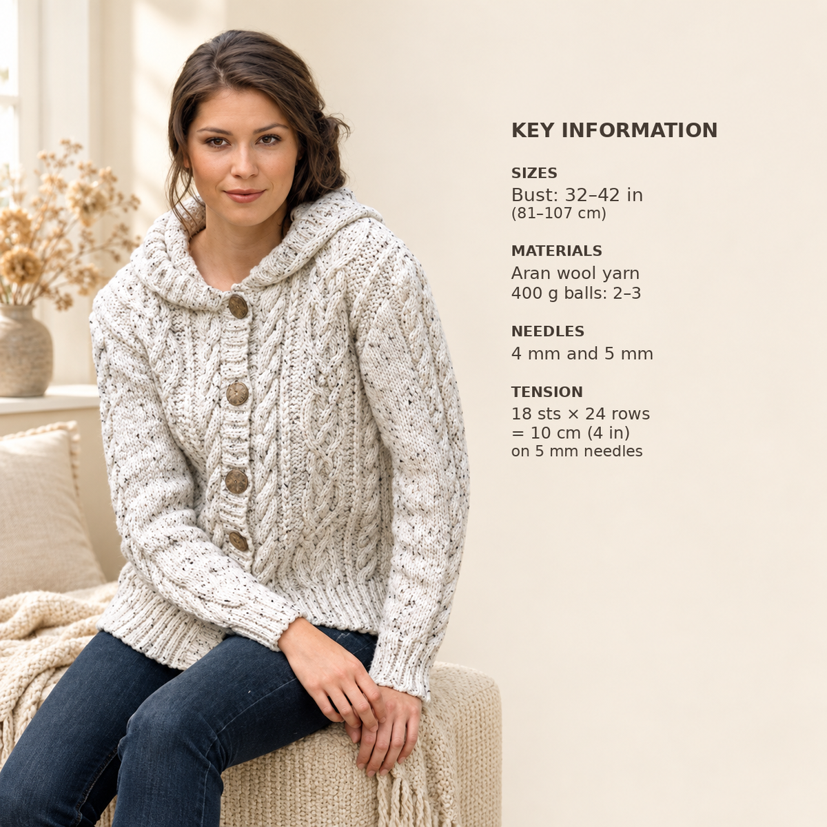 Vintage Aran Cable Hooded Jacket Knitting Pattern (PDF Download)