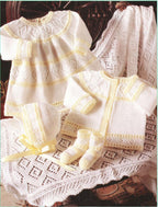 Baby Girl Knitted Dress Cardigan bonnet bootees and Shawl 4ply Knitting pattern