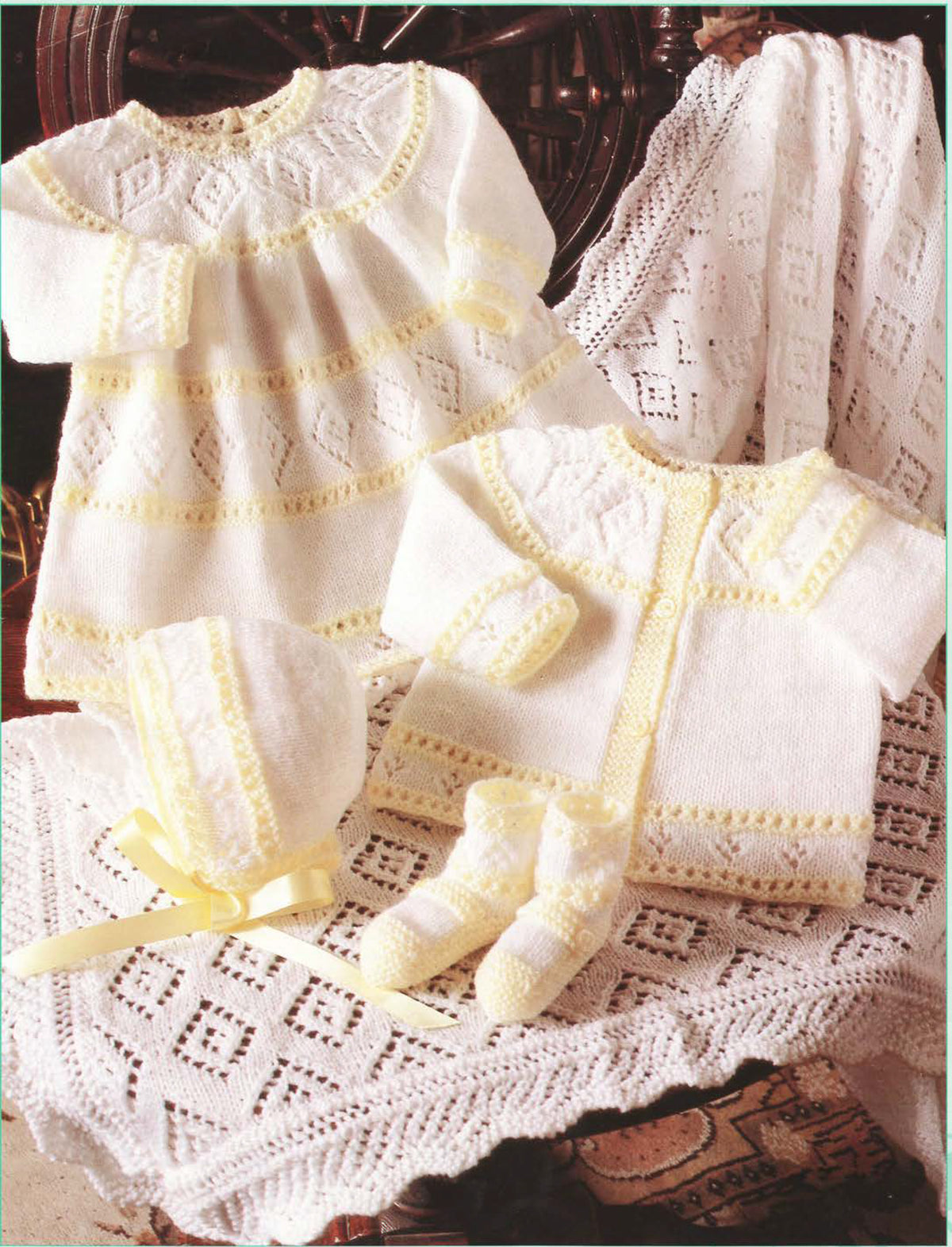 Baby Girl Knitted Dress Cardigan bonnet bootees and Shawl 4ply Knitting pattern