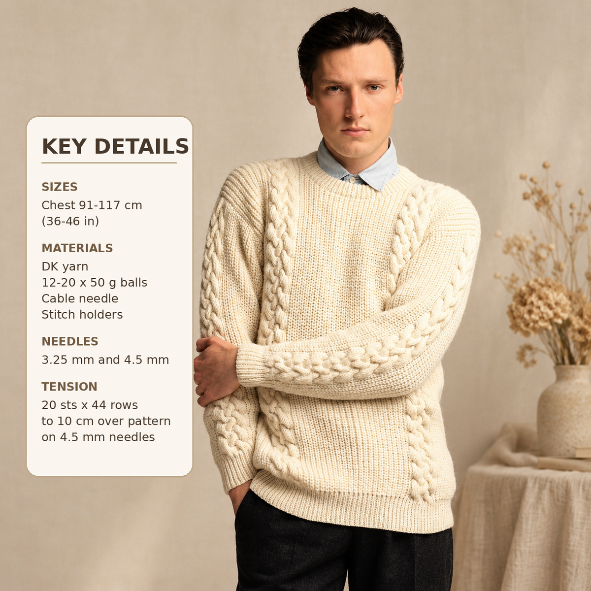 Man's Fishermans Rib and Cable Round Neck sweater in DK/8Ply Wool - Instant download PDF Knitting Pattern