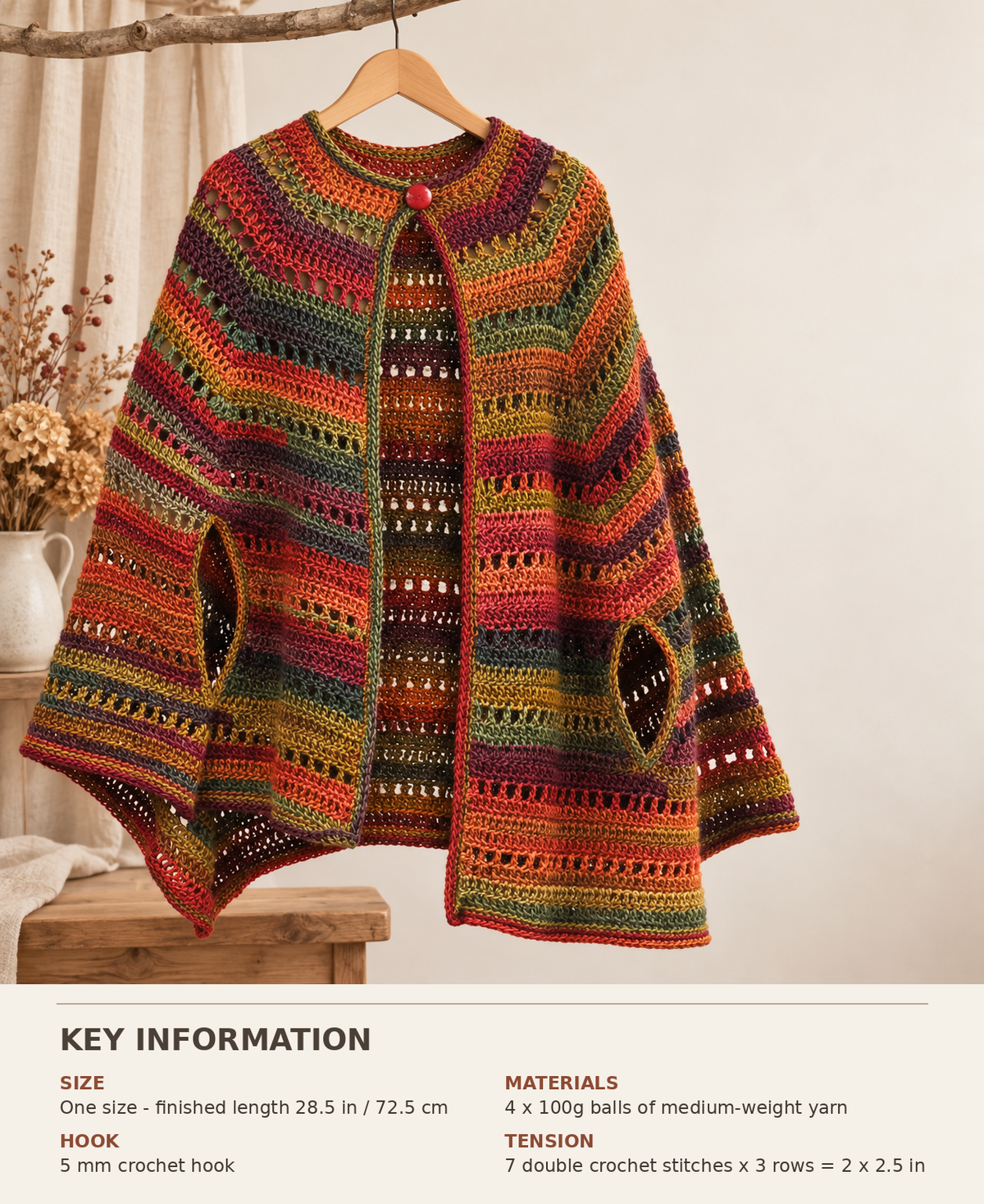 Woman's Crochet Textured Cape (One size)  Medium Worsted 4# Crochet Pattern PDF Download
