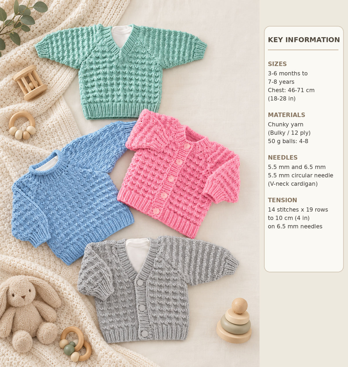 Childs Cardigan & Sweater Knitting Pattern PDF Bulky Jumper 3mths - 8 yrs 18 - 28" Easy Knit Chunky