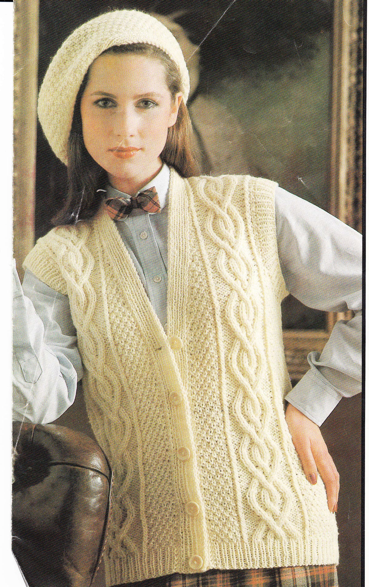 Woman's Cable Gilet Waistcoat and beret- Cardigan sleeveless cardigan- Knitting pattern- chest 32 -36" Download PDF-