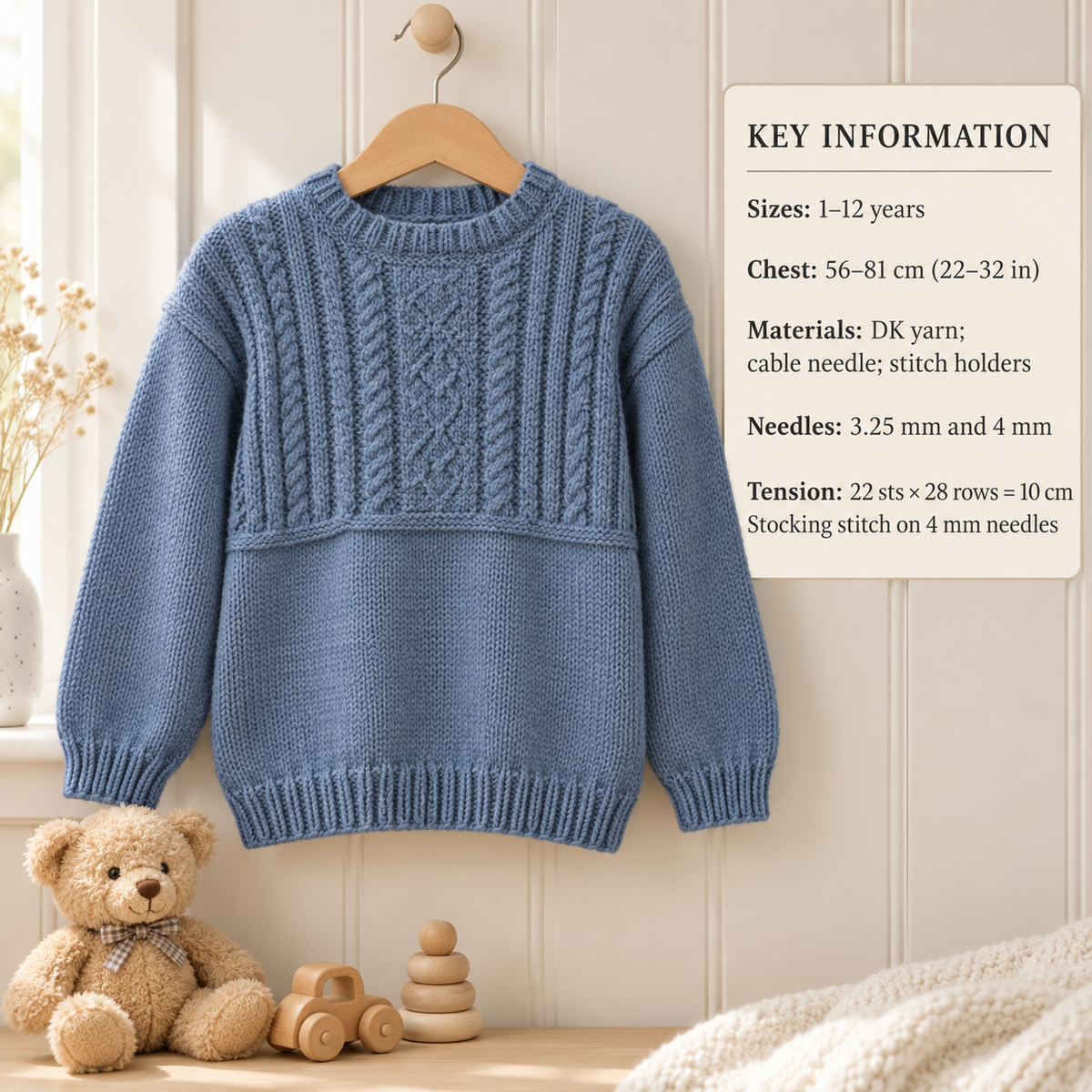 Childrens Guernsey Style round neck Sweater-DK 8 ply Light worsted wool  22-32" ( 1 - 12 Years)  Boy Girl knitting pattern download PDF